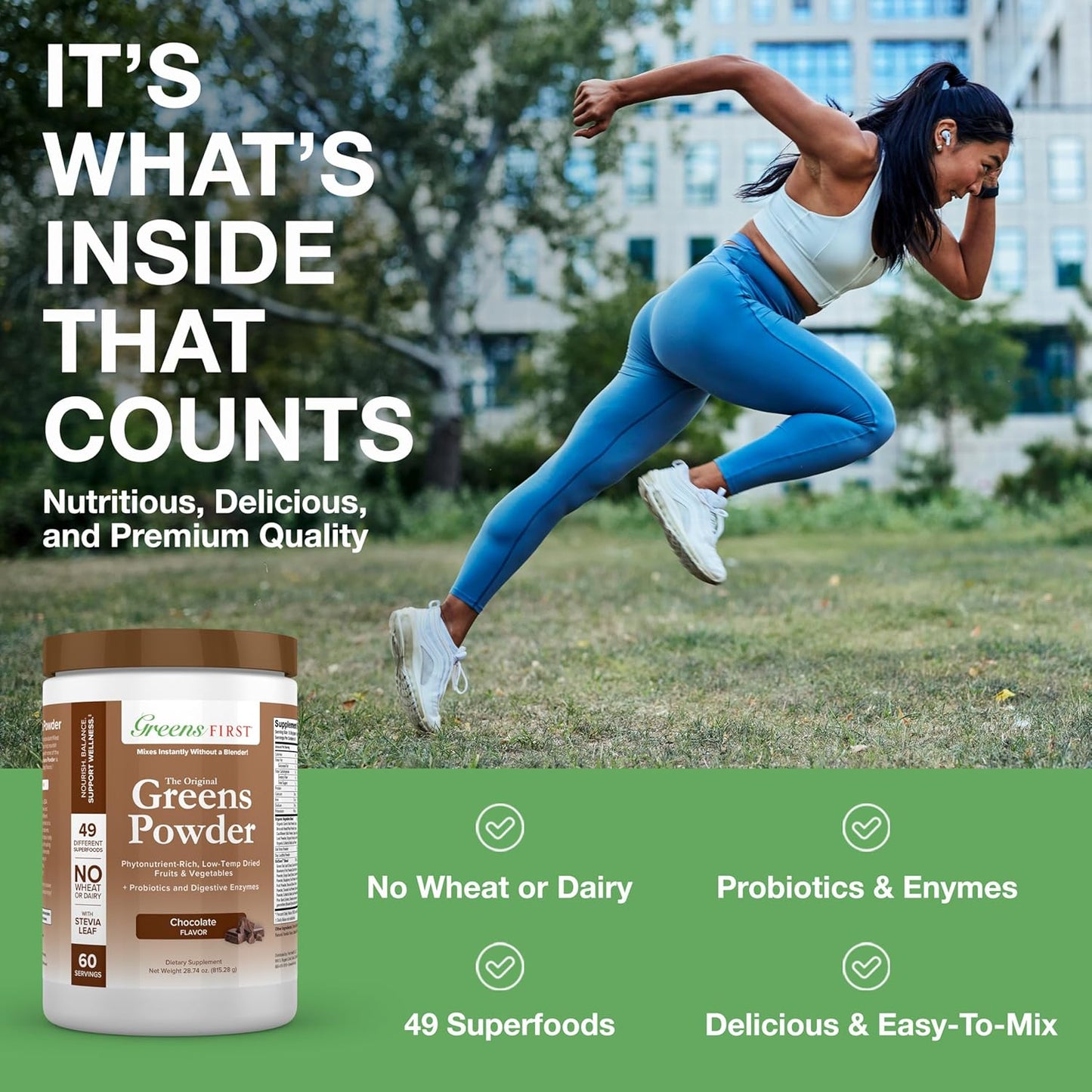 Chocolate Greens First Superfood Powder - 60 Servings, 49 Superfoods, Organic Fruits & Vegetables, Antioxidant Smoothie Mix - Dairy Free, Vegan, Non-GMO - 28.74 oz