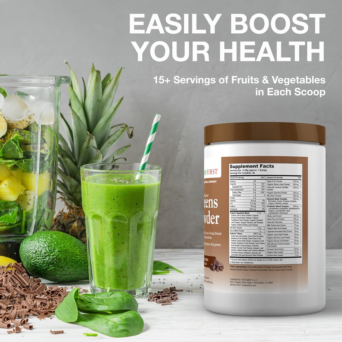 Chocolate Greens First Superfood Powder - 60 Servings, 49 Superfoods, Organic Fruits & Vegetables, Antioxidant Smoothie Mix - Dairy Free, Vegan, Non-GMO - 28.74 oz