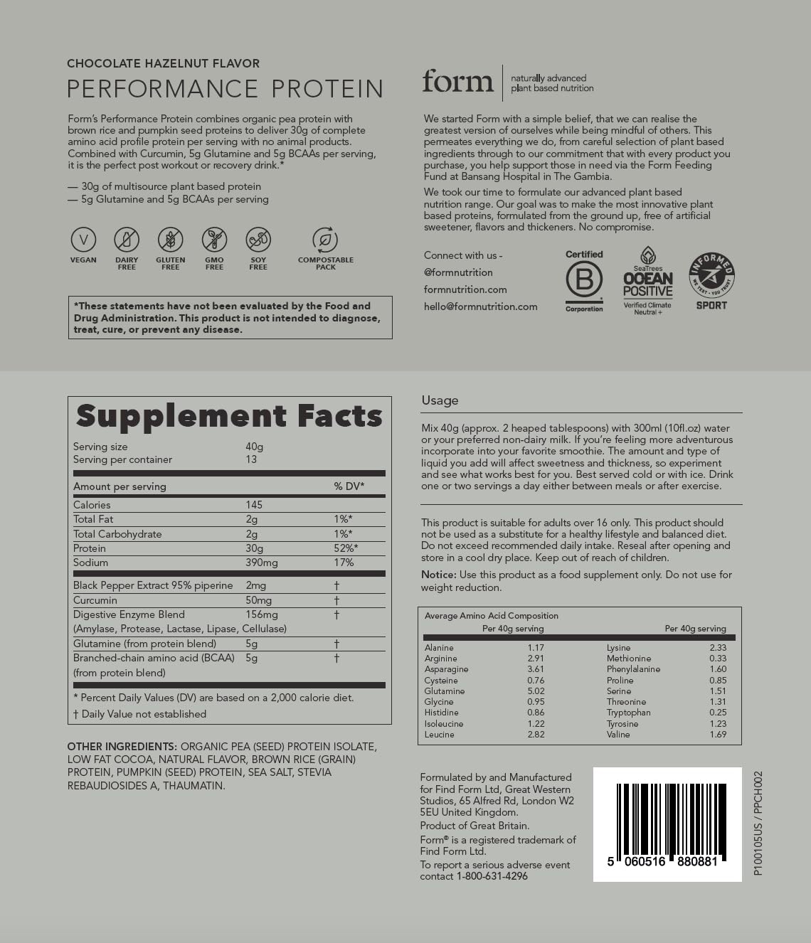 Chocolate Hazelnut Form Performance Protein: Vegan Powder with 30g Plant Based Protein, BCAAs, and Digestive Enzymes for Post Workout Recovery