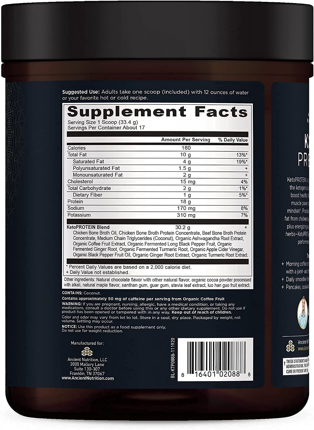 Chocolate Keto Protein Powder with Bone Broth, MCT Oil, 18g Protein, 10g Fat, Gluten Free, Low Carb, Paleo - 17 Servings