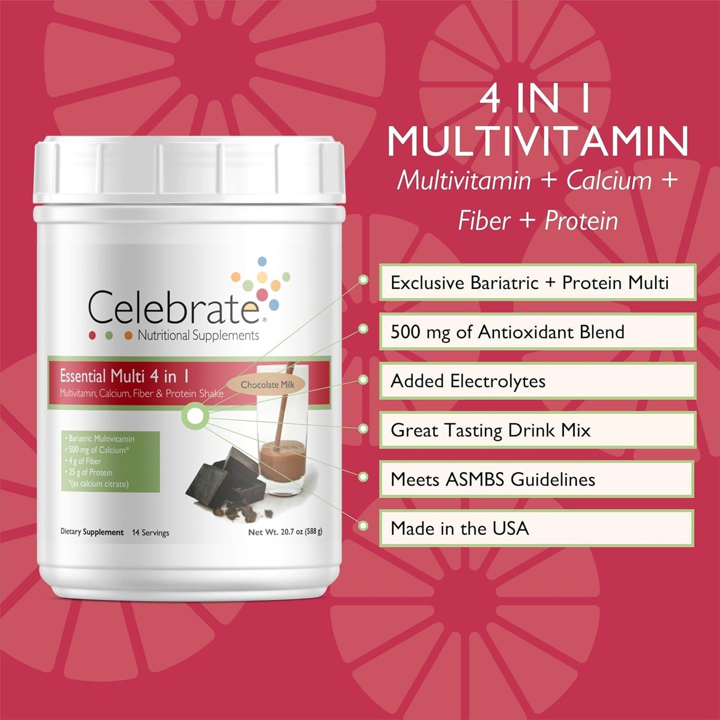 Chocolate Milk Bariatric Multi 4-in-1 Powder - Multivitamin, Calcium, Fiber, Protein Shake Mix - 14 Servings