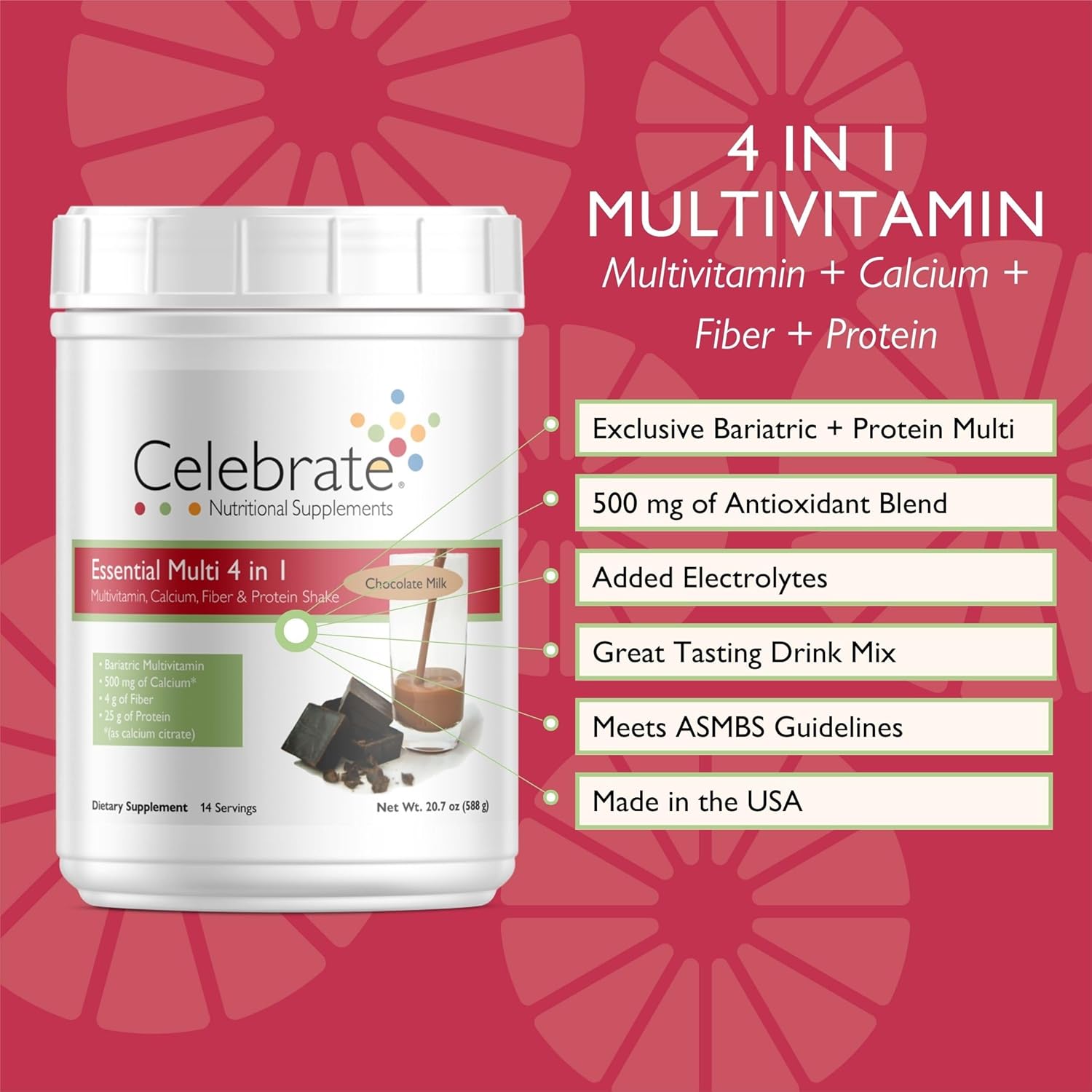 Chocolate Milk Bariatric Multi 4-in-1 Powder - Multivitamin, Calcium, Fiber, Protein Shake Mix - 14 Servings