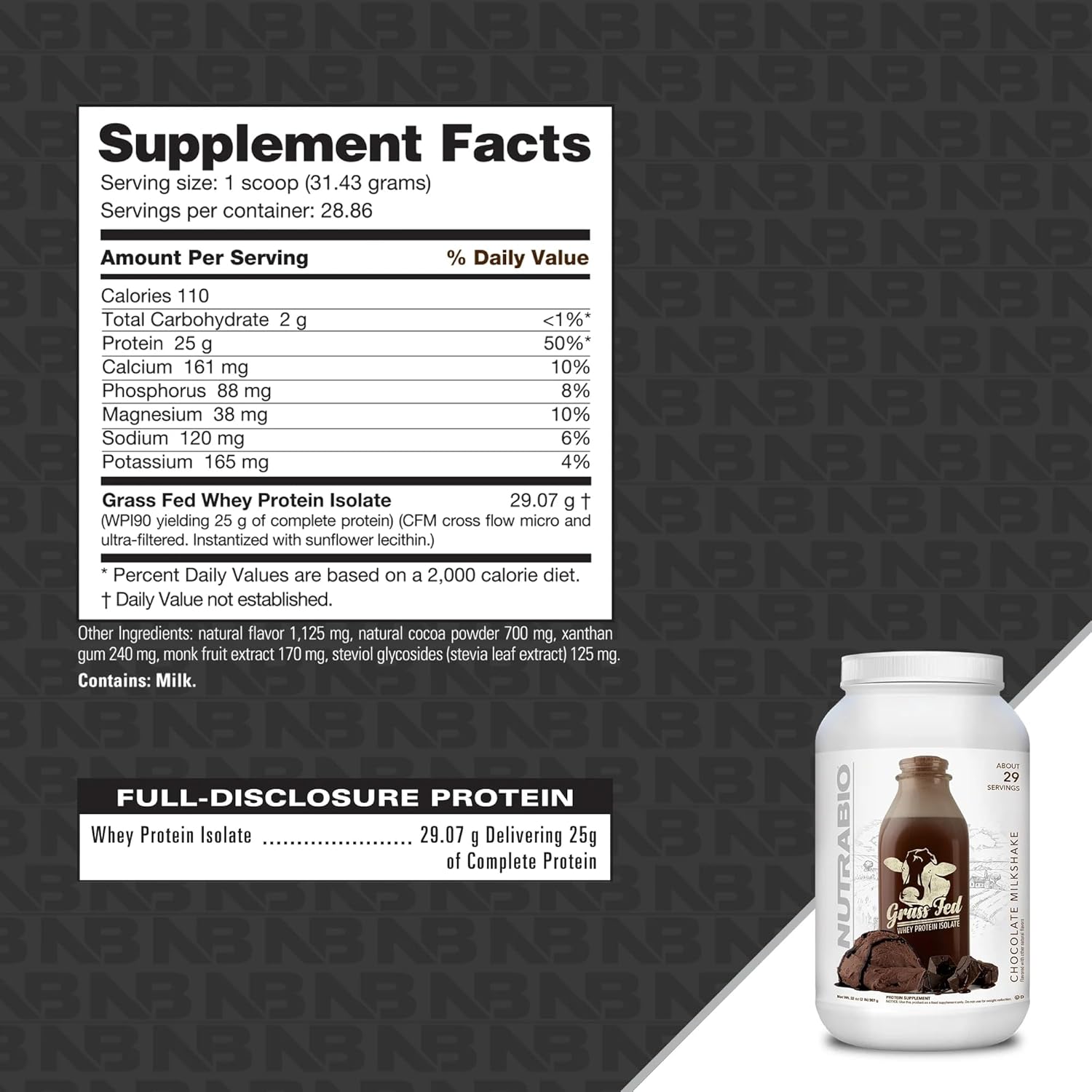 Chocolate Milkshake Grass Fed Whey Isolate Protein Powder - 25G Protein Per Scoop - Sugar Free Muscle Supplement - 2lb, 29 Servings.