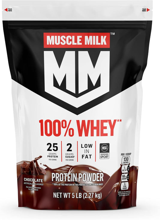 Chocolate Muscle Milk 100% Whey Protein Powder - 5lb Tub with 66 Servings, 25g Protein, Low Fat, NSF Certified, Energizing Snack for Workout Recovery - Packaging Varies