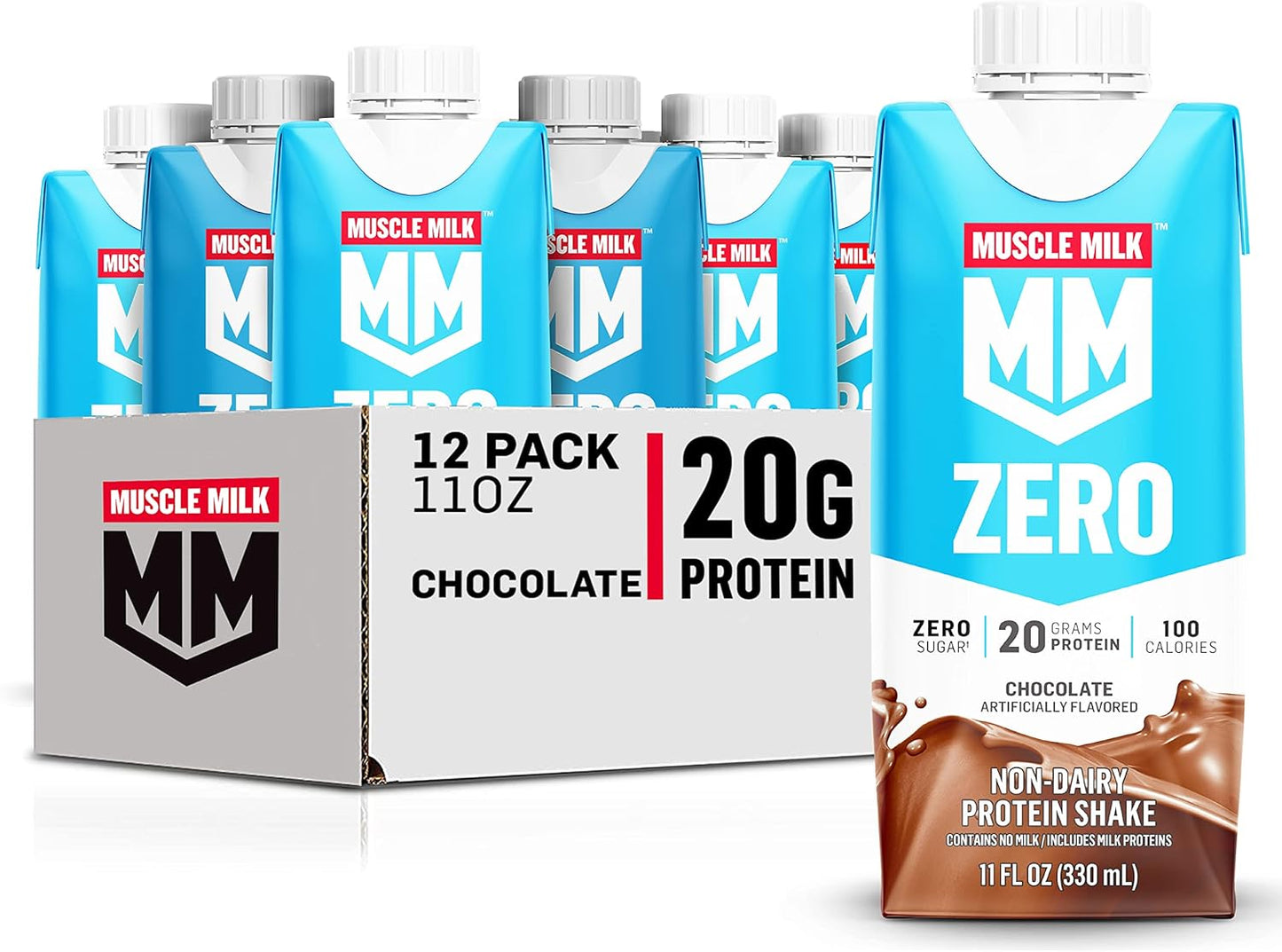 Chocolate Muscle Milk Zero Protein Shake - 12 Pack, 20g Protein, Zero Sugar, 100 Calories, Calcium, Vitamins A, C & D, 4g Fiber, Energizing Workout Recovery Snack
