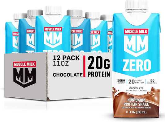 Chocolate Muscle Milk Zero Protein Shake - 12 Pack, 20g Protein, Zero Sugar, 100 Calories, Calcium, Vitamins A, C & D, 4g Fiber, Energizing Workout Recovery Snack