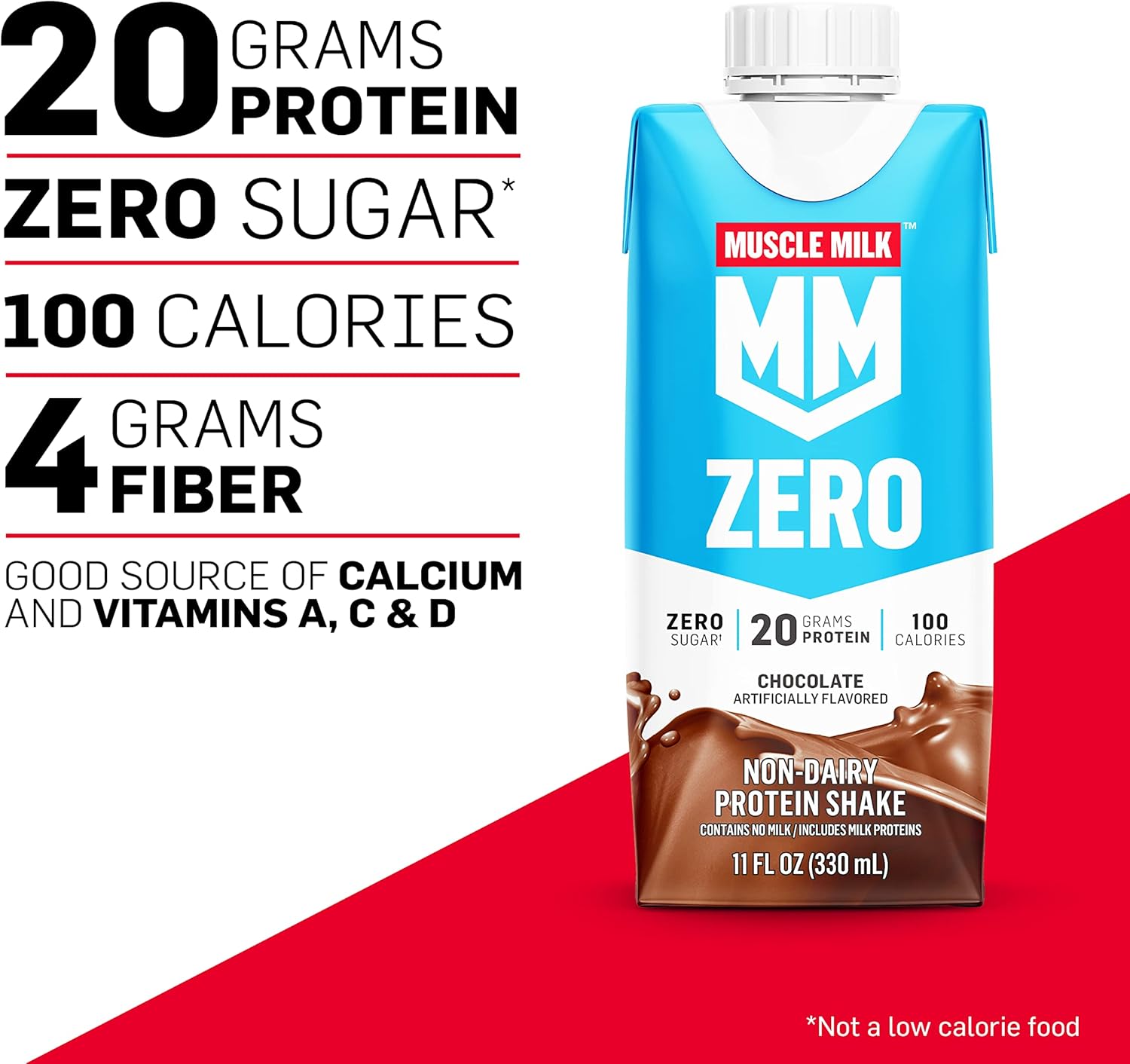 Chocolate Muscle Milk Zero Protein Shake - 12 Pack, 20g Protein, Zero Sugar, 100 Calories, Calcium, Vitamins A, C & D, 4g Fiber, Energizing Workout Recovery Snack