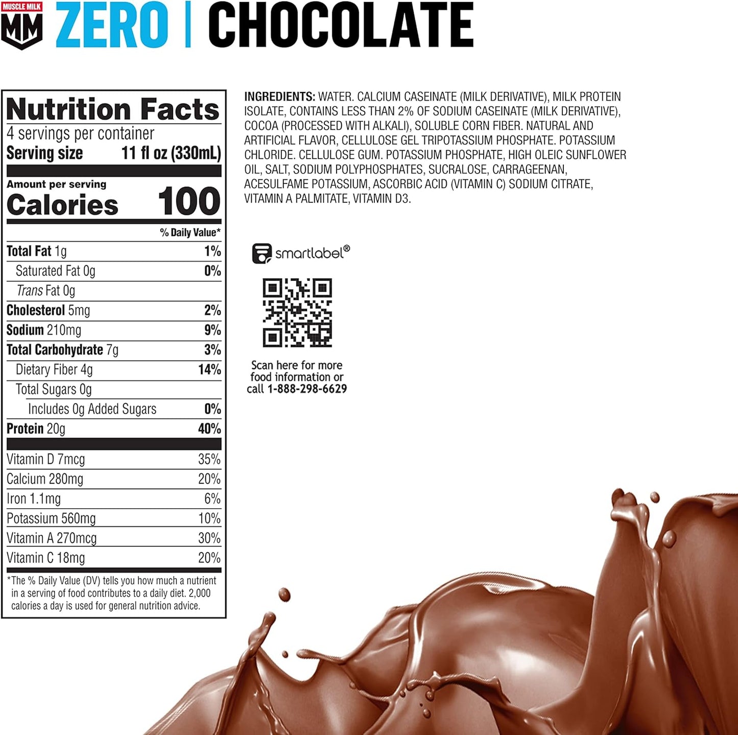 Chocolate Muscle Milk Zero Protein Shake - 12 Pack, 20g Protein, Zero Sugar, 100 Calories, Calcium, Vitamins A, C & D, 4g Fiber, Energizing Workout Recovery Snack