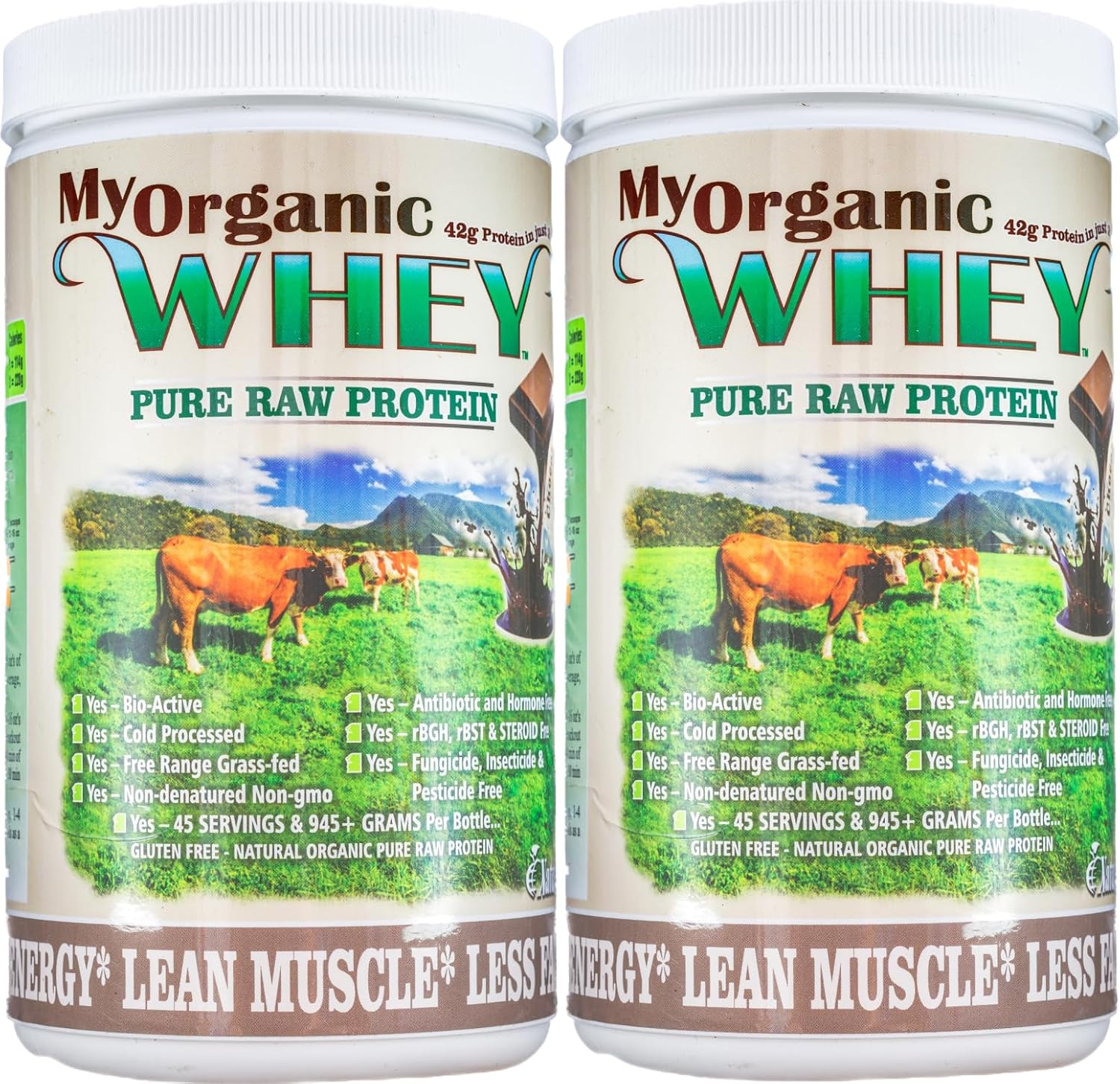 Chocolate Natur-Pur Organic Grass-Fed Whey Protein Powder - Cold Processed Grade-A Milk, rBST Hormone-Free, No Preservatives - 42g Protein in 2 Scoops - 1lb 2 Pack