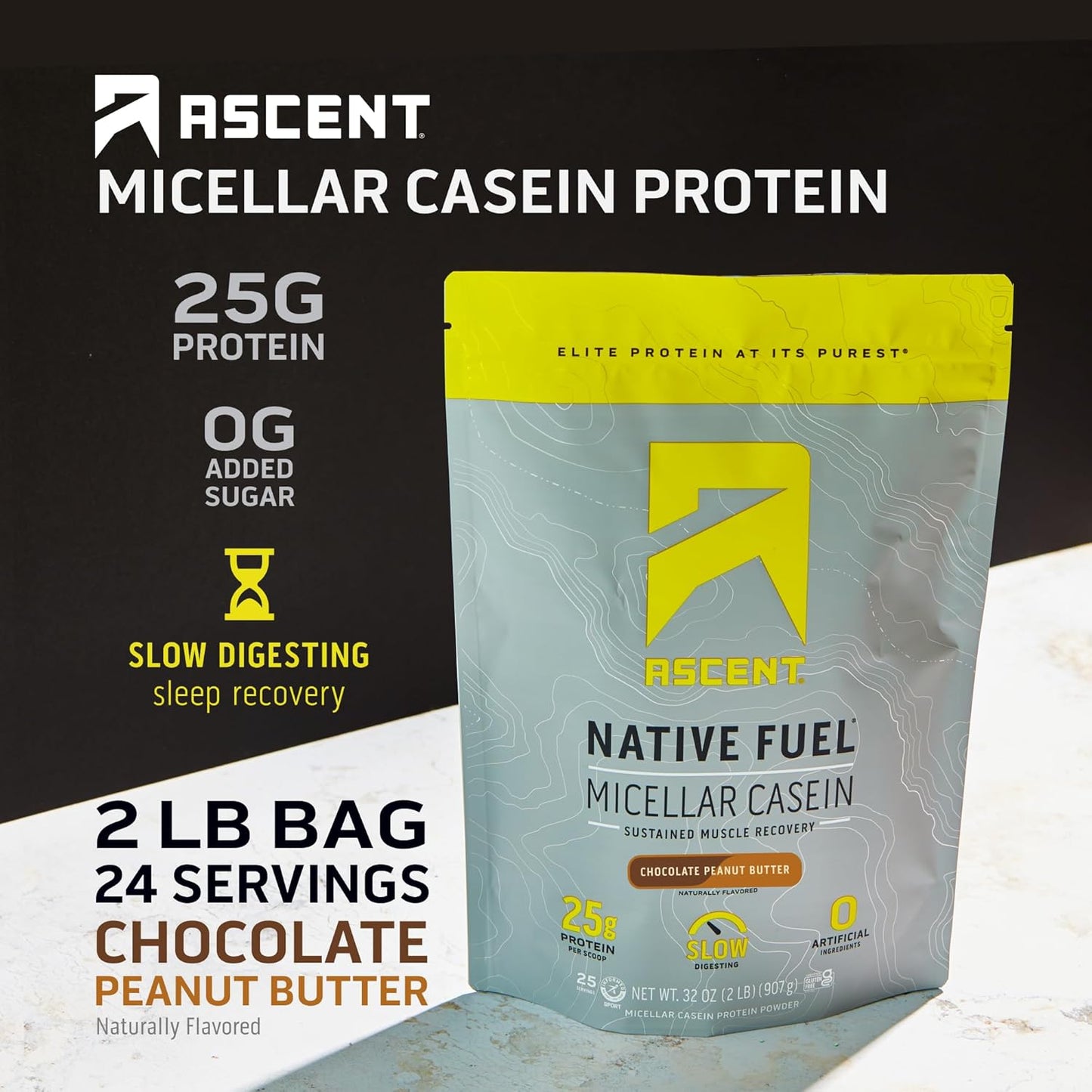Chocolate Peanut Butter Ascent Casein Protein Powder - 25g Micellar Casein, Gluten-Free, No Artificial Flavors, Zero Added Sugar - 2lb, 4.9g BCAA, 2.2g Leucine