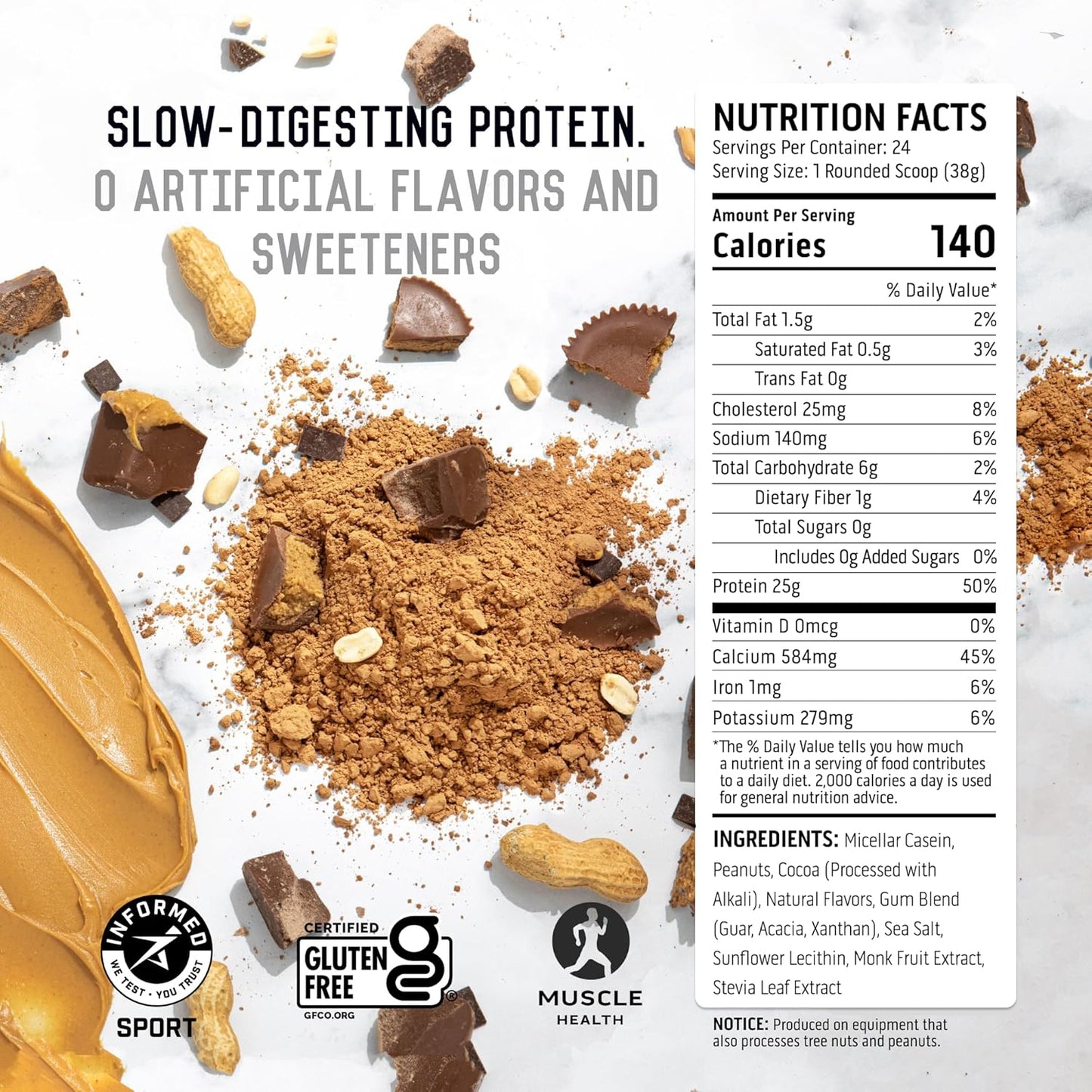 Chocolate Peanut Butter Ascent Casein Protein Powder - 25g Micellar Casein, Gluten-Free, No Artificial Flavors, Zero Added Sugar - 2lb, 4.9g BCAA, 2.2g Leucine