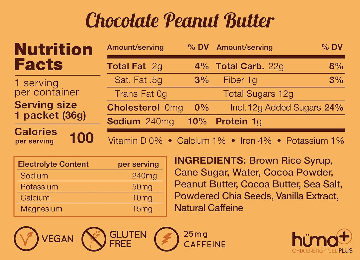 Chocolate Peanut Butter HÜMA CHIA ENERGY GEL Huma Plus - 12 Pack, Double Electrolytes for Stomach-Friendly Real Food Energy Boosts