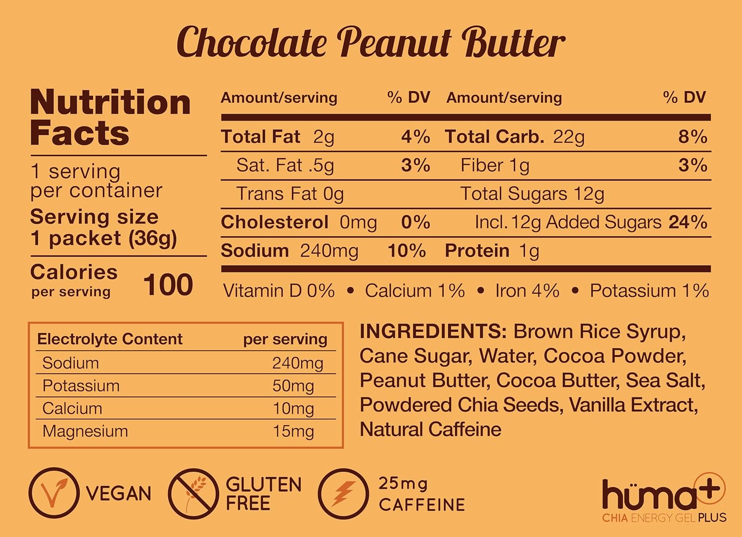 Chocolate Peanut Butter HÜMA CHIA ENERGY GEL Huma Plus - 12 Pack, Double Electrolytes for Stomach-Friendly Real Food Energy Boosts