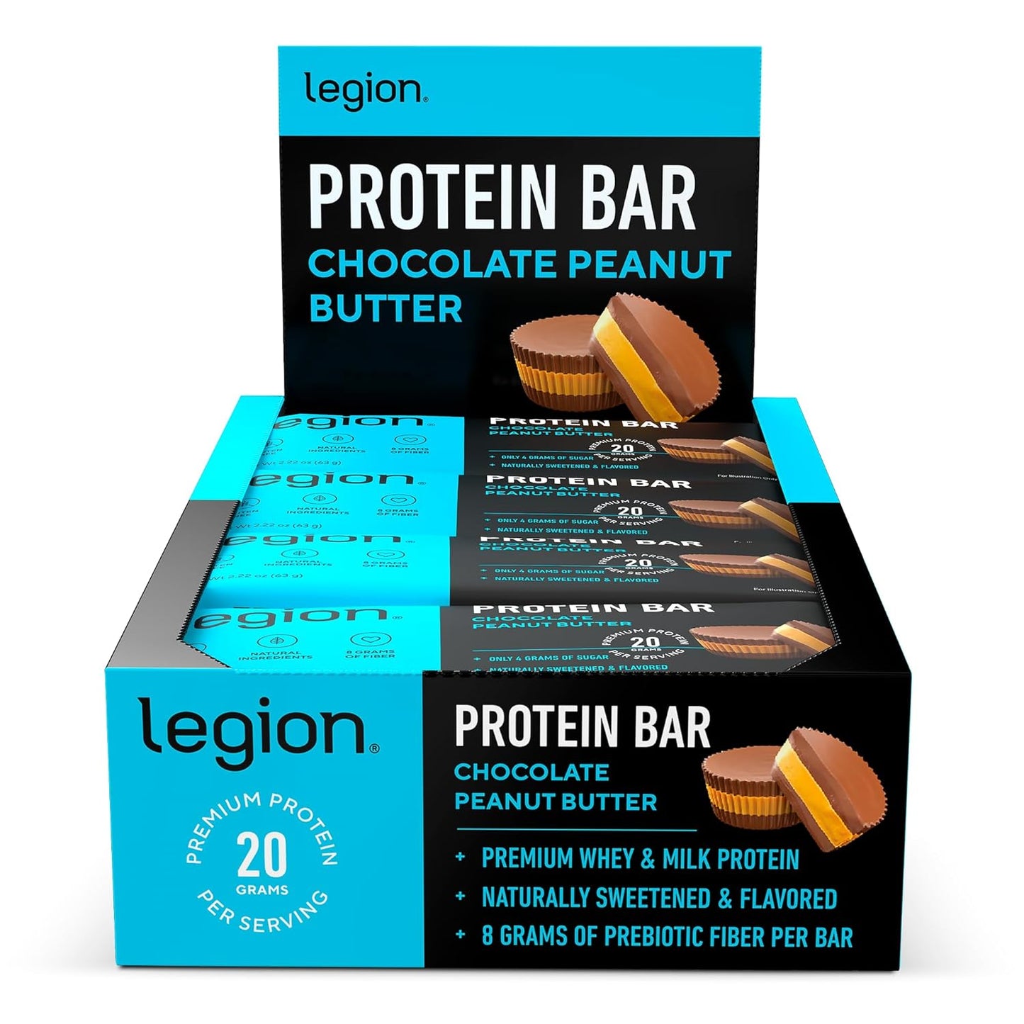 Chocolate Peanut Butter Legion Protein Bars - 100% Whey, High Protein (20g), Low Fat (12g), Low Sugar (4g) - No Soy, Gluten, Baked with Prebiotic Fiber, Natural Flavors (12 Count) - BoostGo Australia