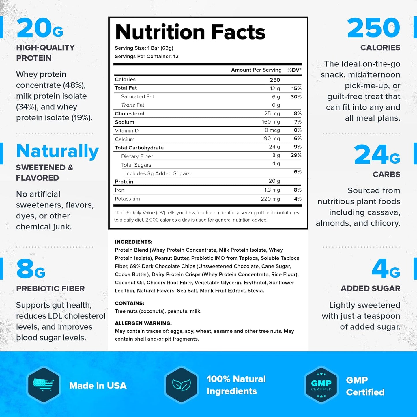 Chocolate Peanut Butter Legion Protein Bars - 100% Whey, High Protein (20g), Low Fat (12g), Low Sugar (4g) - No Soy, Gluten, Baked with Prebiotic Fiber, Natural Flavors (12 Count) - BoostGo Australia