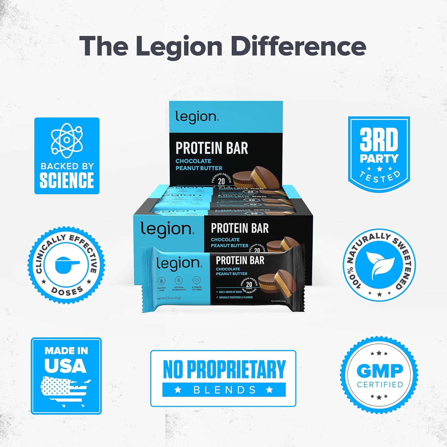 Chocolate Peanut Butter Legion Protein Bars - 100% Whey, High Protein (20g), Low Fat (12g), Low Sugar (4g) - No Soy, Gluten, Baked with Prebiotic Fiber, Natural Flavors (12 Count) - BoostGo Australia