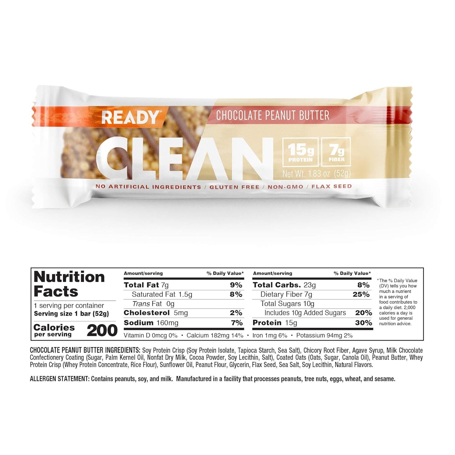 Chocolate Peanut Butter Ready CLEAN Bars - 12-Pack, 15g Protein, 7g Fiber, 6.5g Whole Grains, NON-GMO - 1.83 oz