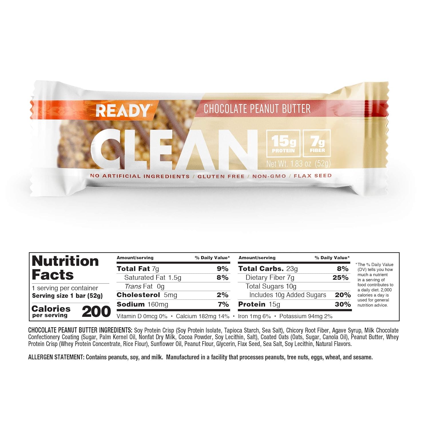 Chocolate Peanut Butter Ready CLEAN Bars - 12-Pack, 15g Protein, 7g Fiber, 6.5g Whole Grains, NON-GMO - 1.83 oz