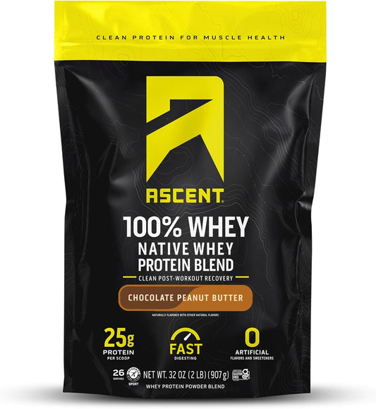 Chocolate Peanut Butter Whey Protein Isolate Powder - 100% Ascent, Zero Artificial Ingredients, Gluten Free, 5.5g BCAA, 2.6g Leucine, Essential Amino Acids, 2 lb