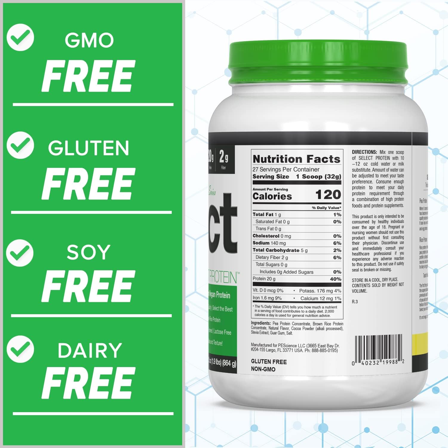 Chocolate PEScience Select Vegan Plant Based Protein Powder - 27 Servings of Pea and Brown Rice Blend