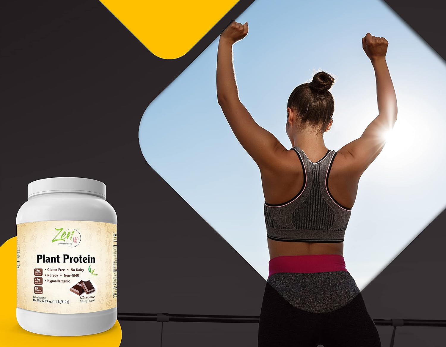Chocolate Plant Protein Powder - Vegan, Low Net Carbs, 23g Protein Per Serving - Zen Supplements - 1.1LB - Gluten-Free, Non-Dairy, Lactose-Free