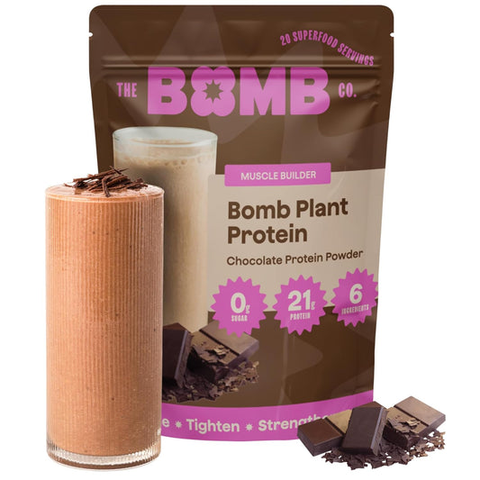 Chocolate Plant Protein Powder with 21g Protein, Amino Acids, and Zero Sugar - Blender Bombs The Bomb Co. Bomb - 20 Servings