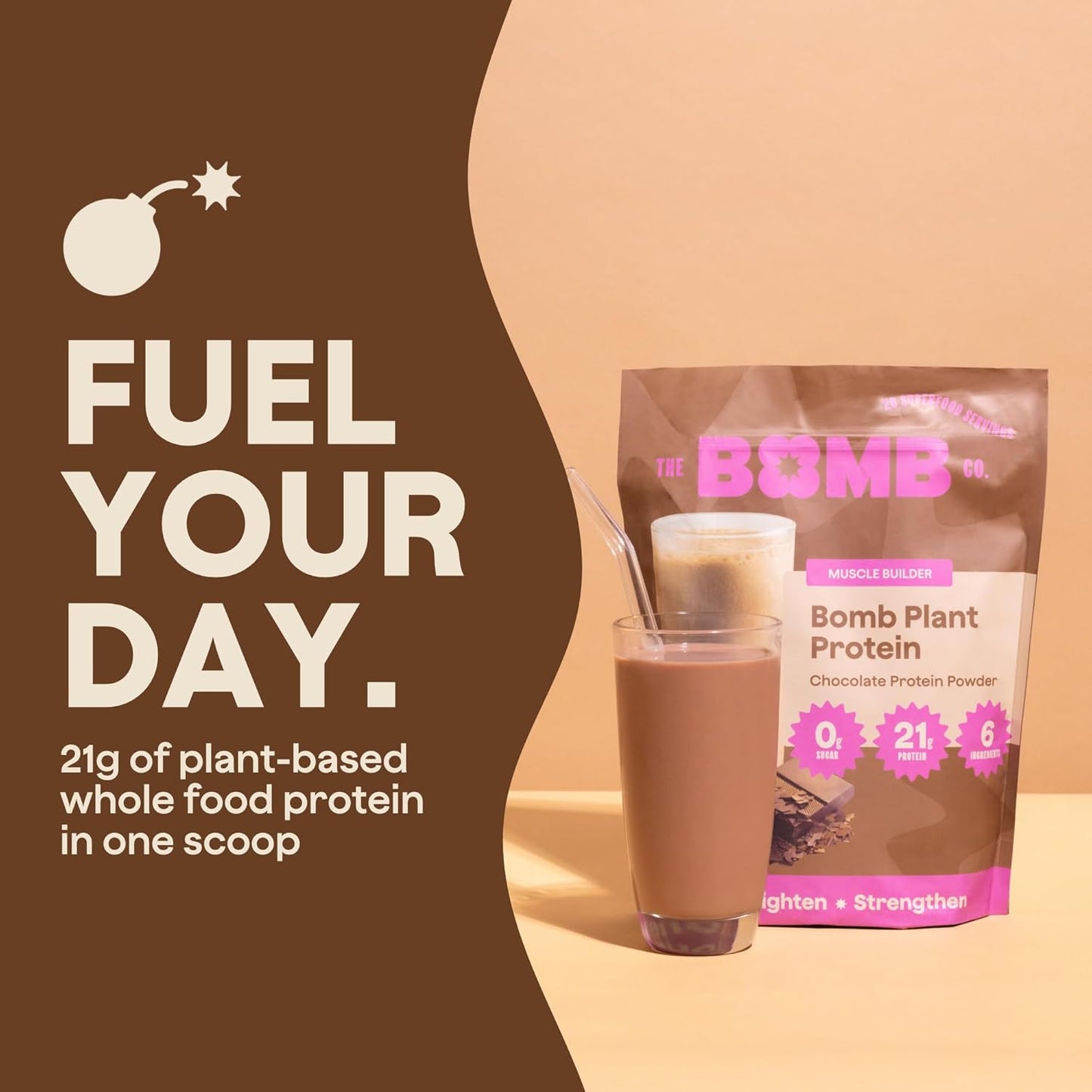 Chocolate Plant Protein Powder with 21g Protein, Amino Acids, and Zero Sugar - Blender Bombs The Bomb Co. Bomb - 20 Servings