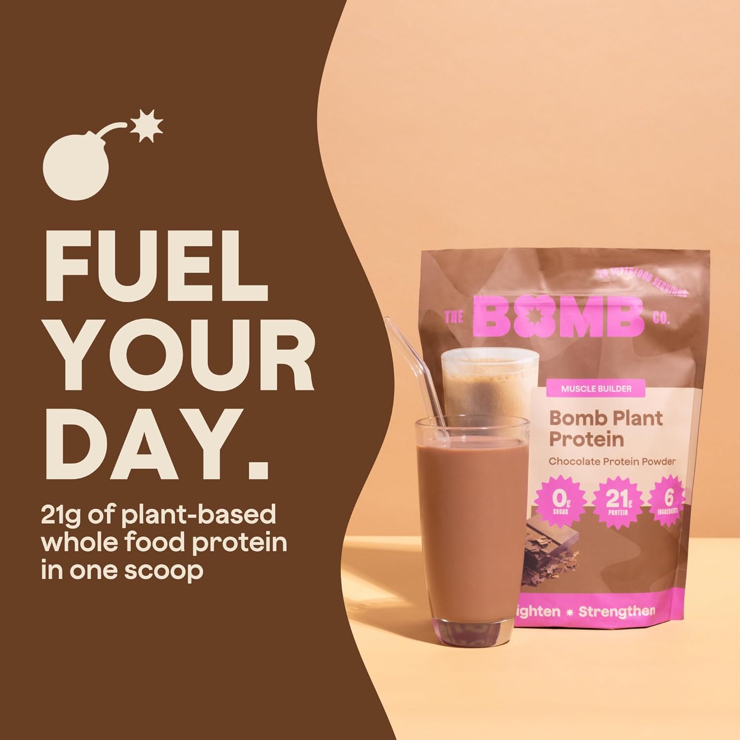 Chocolate Plant Protein Powder with 21g Protein, Amino Acids, and Zero Sugar - Blender Bombs The Bomb Co. Bomb - 20 Servings