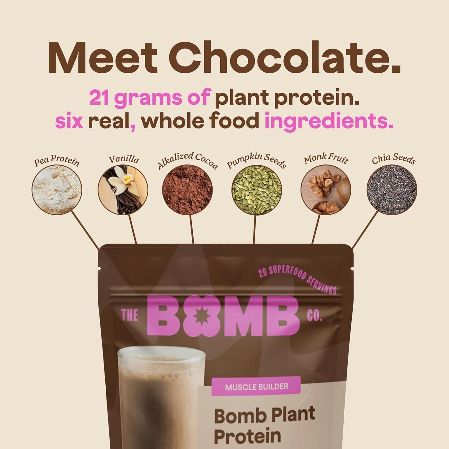 Chocolate Plant Protein Powder with 21g Protein, Amino Acids, and Zero Sugar - Blender Bombs The Bomb Co. Bomb - 20 Servings