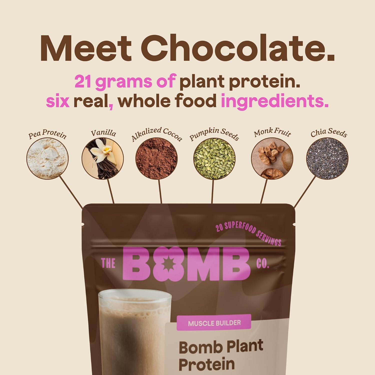 Chocolate Plant Protein Powder with 21g Protein, Amino Acids, and Zero Sugar - Blender Bombs The Bomb Co. Bomb - 20 Servings
