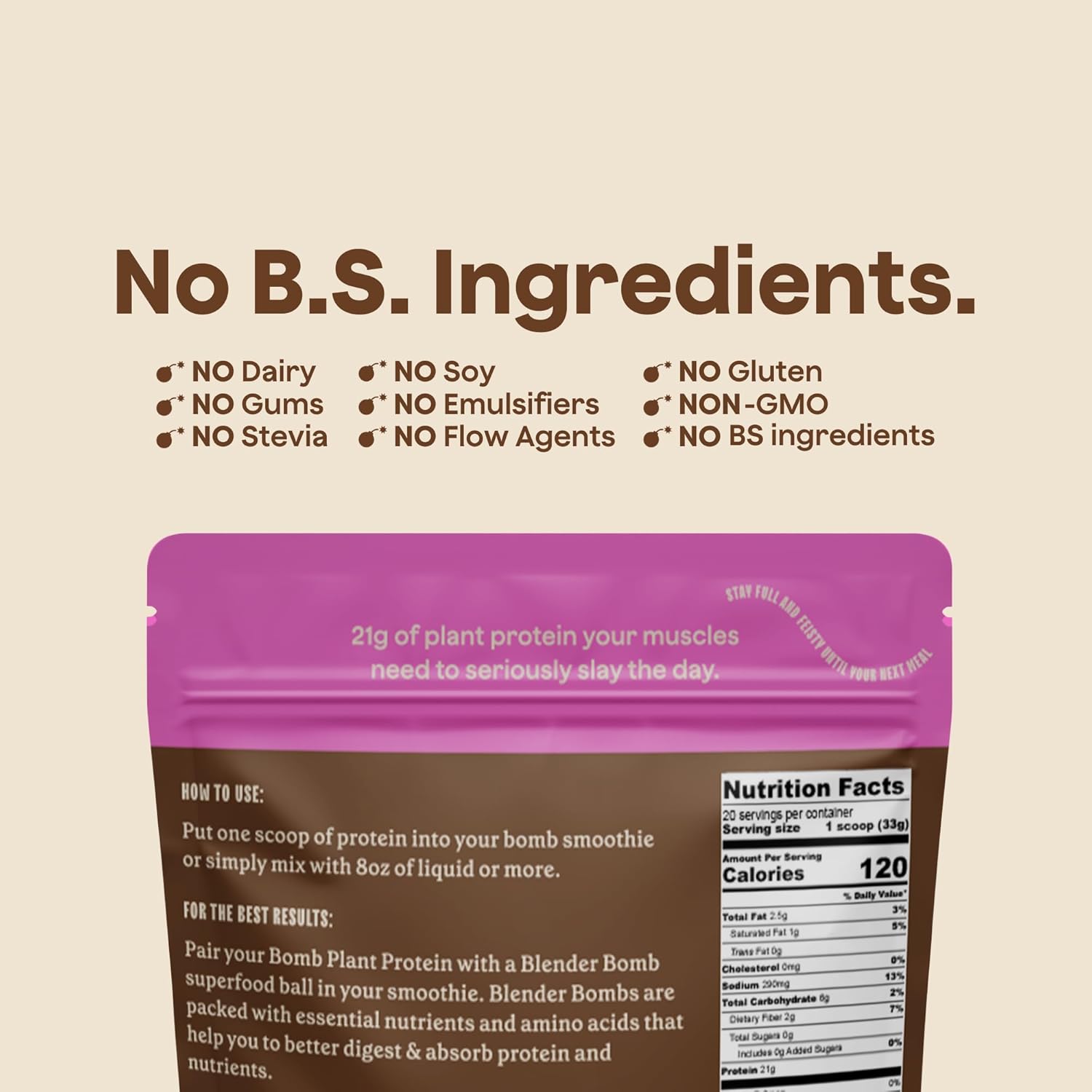 Chocolate Plant Protein Powder with 21g Protein, Amino Acids, and Zero Sugar - Blender Bombs The Bomb Co. Bomb - 20 Servings