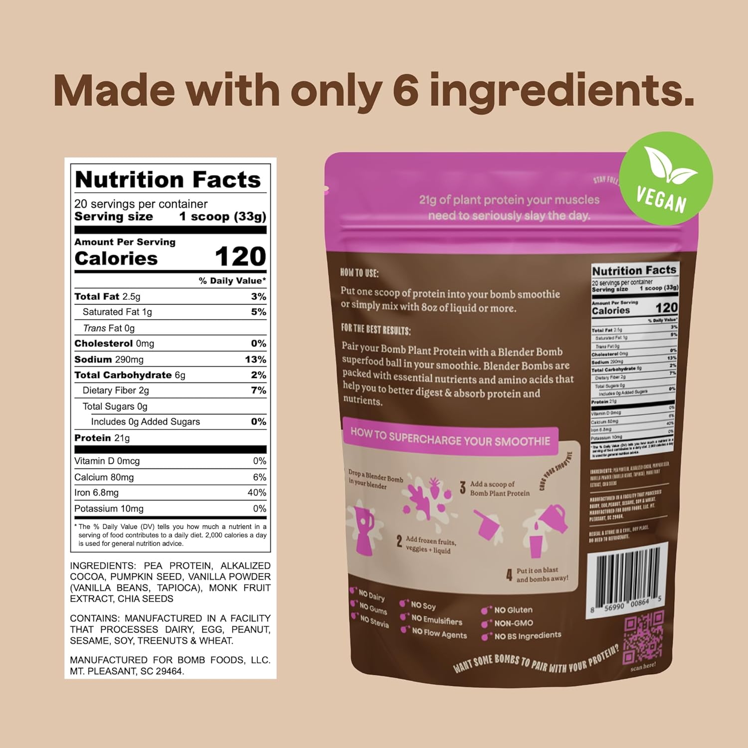 Chocolate Plant Protein Powder with 21g Protein, Amino Acids, and Zero Sugar - Blender Bombs The Bomb Co. Bomb - 20 Servings