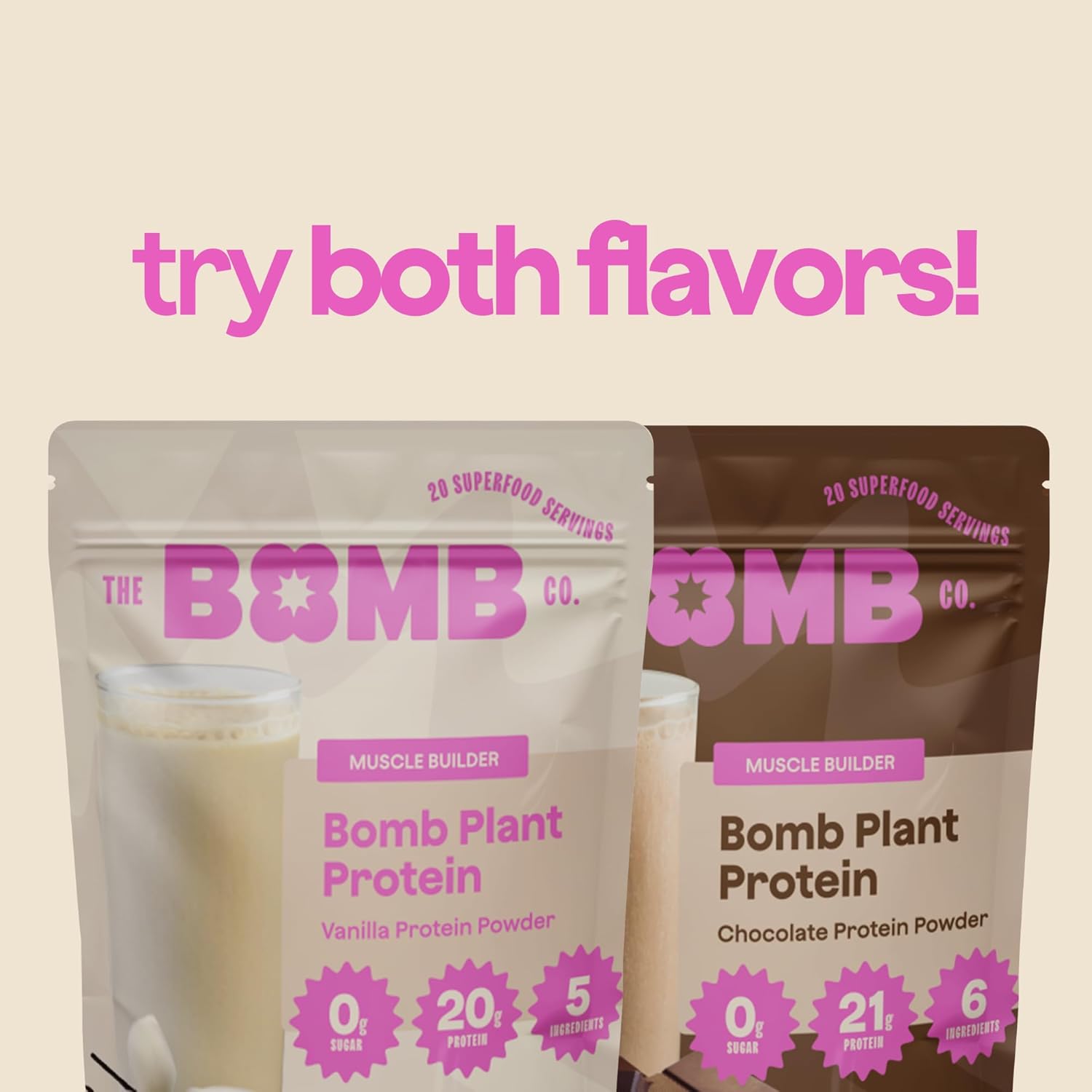Chocolate Plant Protein Powder with 21g Protein, Amino Acids, and Zero Sugar - Blender Bombs The Bomb Co. Bomb - 20 Servings