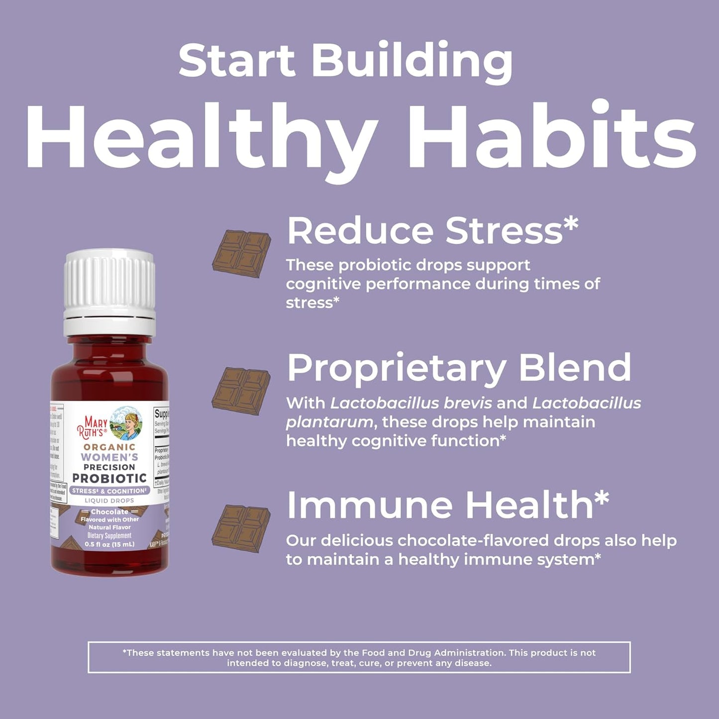 Chocolate Probiotic & B Complex Drops for Women by MaryRuth Organics - USDA Organic, Clean Label Project Verified® - Vitamins to Support Stress Relief, Metabolism, & Overall Health - Vegan & Gluten-Free