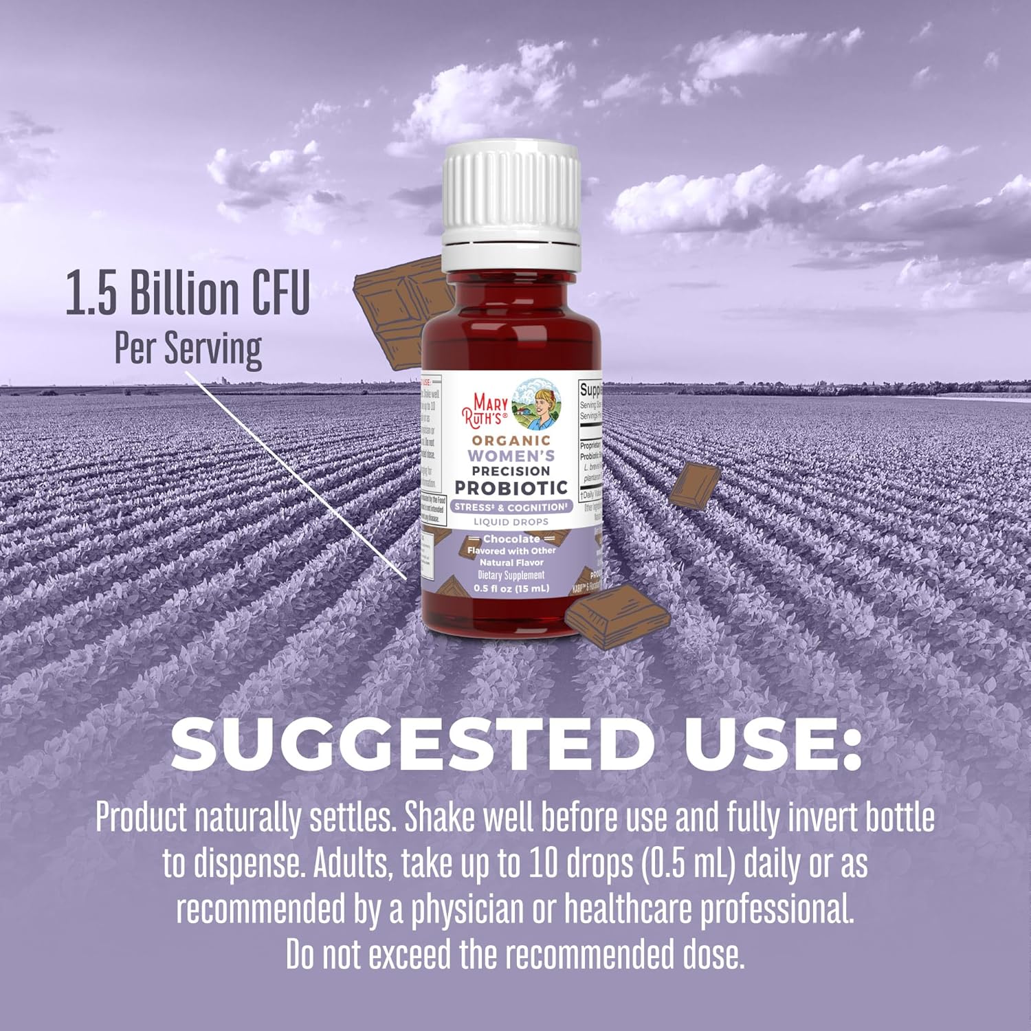 Chocolate Probiotic & B Complex Drops for Women by MaryRuth Organics - USDA Organic, Clean Label Project Verified® - Vitamins to Support Stress Relief, Metabolism, & Overall Health - Vegan & Gluten-Free