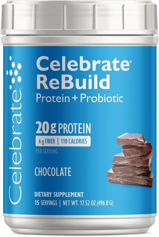 Chocolate Rebuild Protein Powder for Bariatric Surgery Patients - 20g Whey Isolate Protein with Probiotics & Prebiotics - High Fiber Supplement by Celebrate Vitamins (15 Servings)