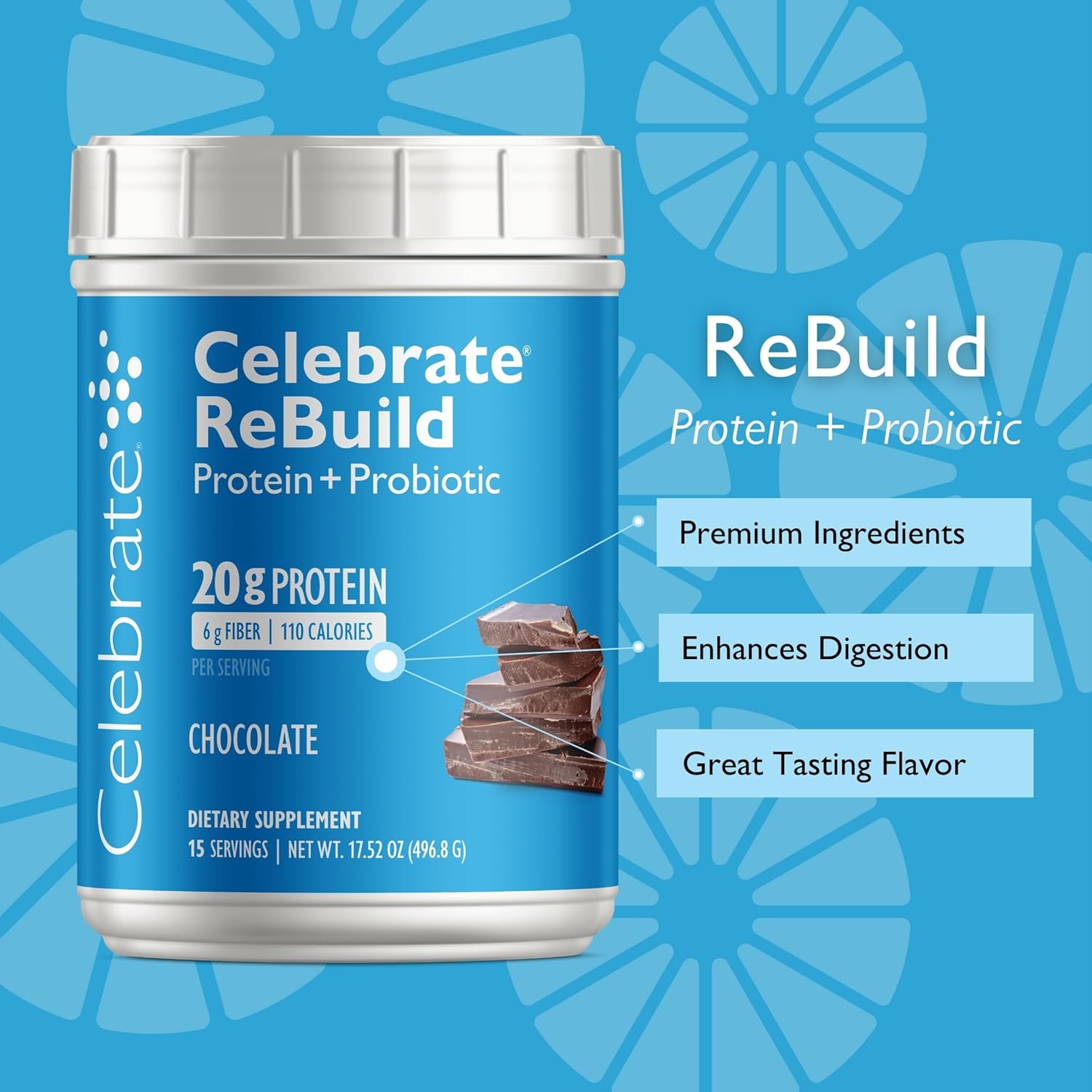 Chocolate Rebuild Protein Powder for Bariatric Surgery Patients - 20g Whey Isolate Protein with Probiotics & Prebiotics - High Fiber Supplement by Celebrate Vitamins (15 Servings)