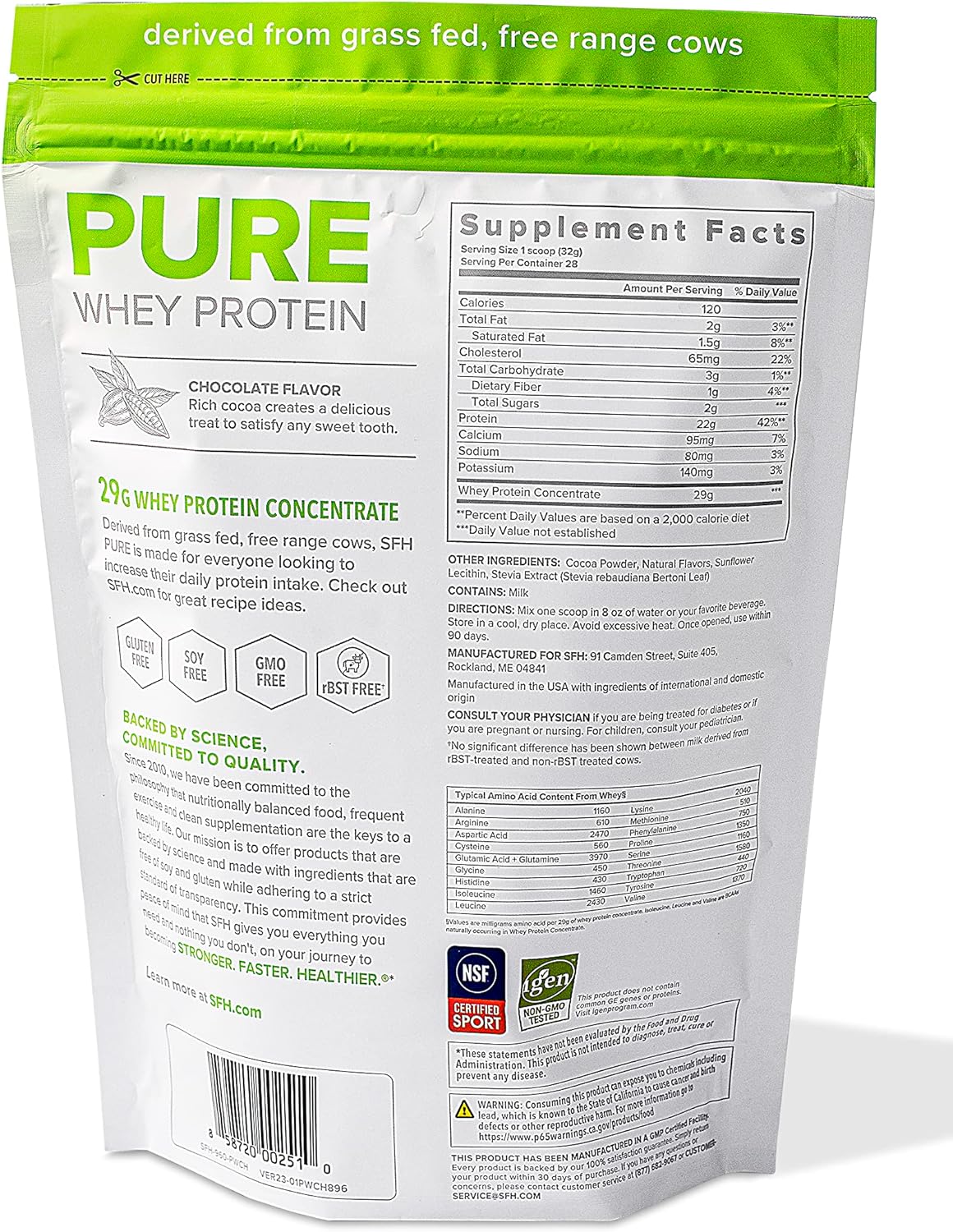 Chocolate SFH Pure Whey Protein Powder - Best Tasting Grass Fed Whey, Non-GMO, All Natural, Soy and Gluten Free - 31.6 Ounce Pack