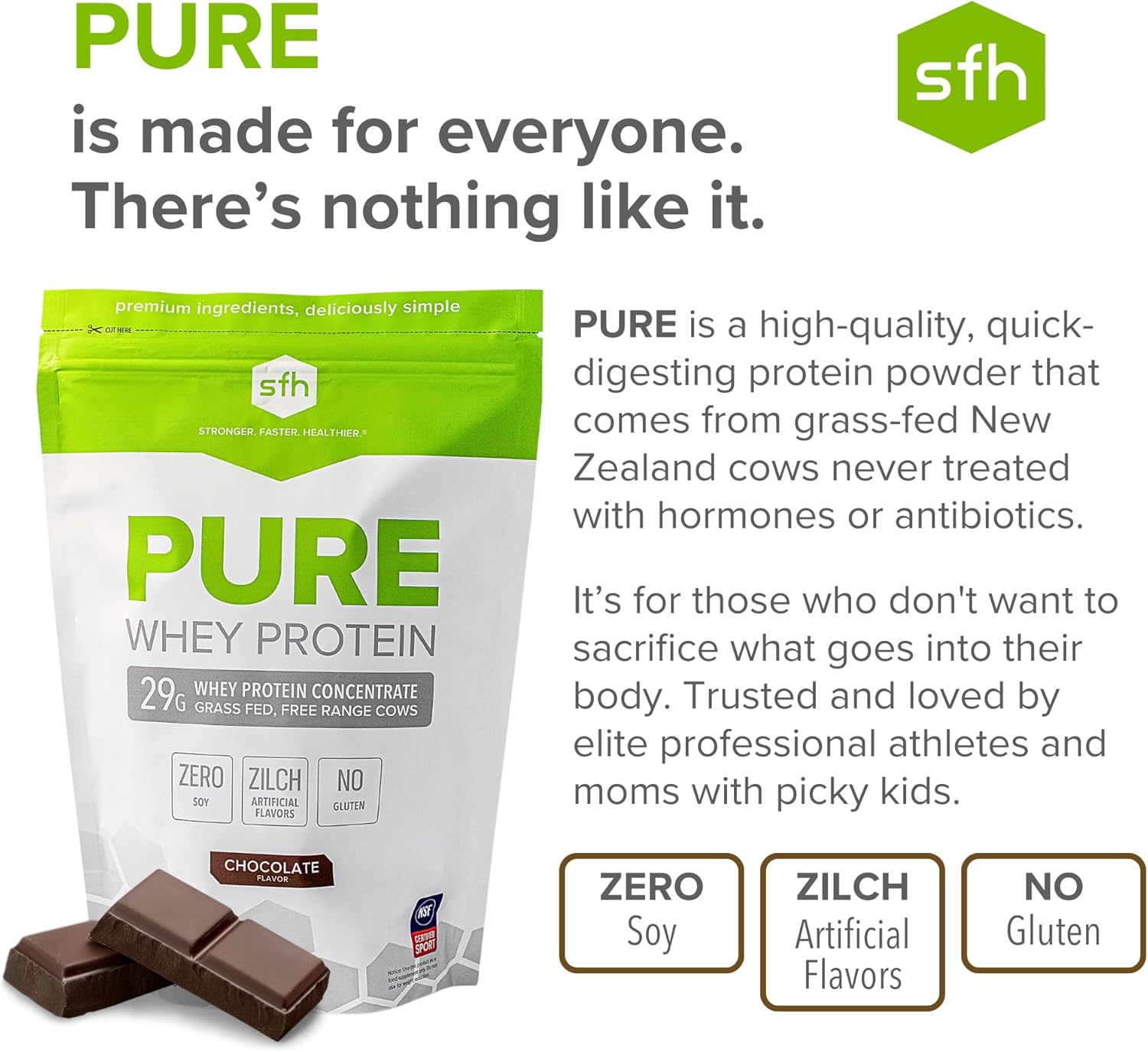 Chocolate SFH Pure Whey Protein Powder - Best Tasting Grass Fed Whey, Non-GMO, All Natural, Soy and Gluten Free - 31.6 Ounce Pack