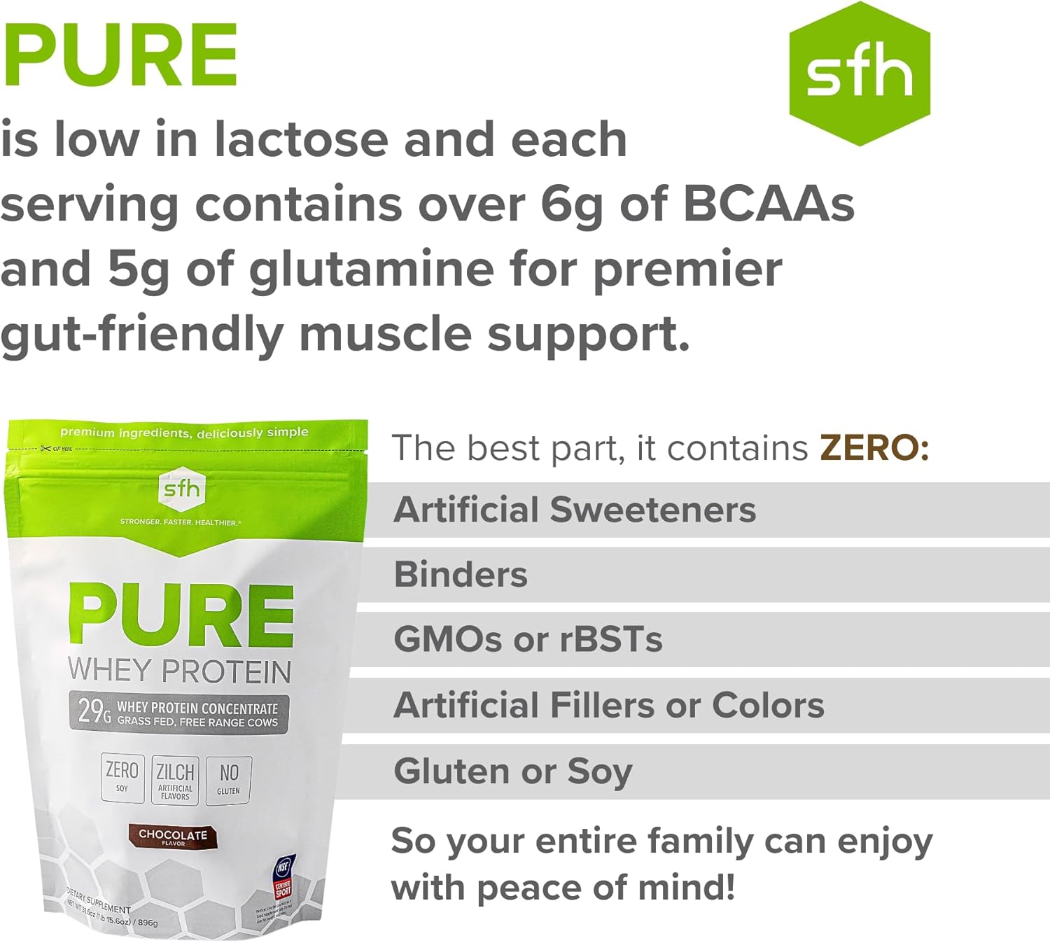 Chocolate SFH Pure Whey Protein Powder - Best Tasting Grass Fed Whey, Non-GMO, All Natural, Soy and Gluten Free - 31.6 Ounce Pack