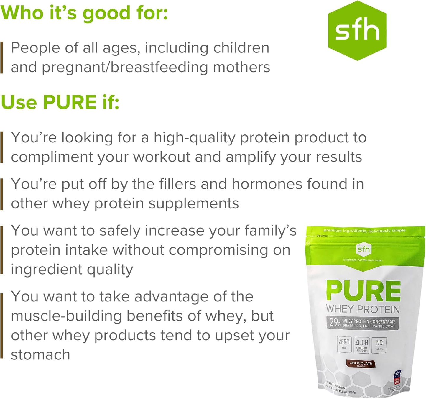 Chocolate SFH Pure Whey Protein Powder - Best Tasting Grass Fed Whey, Non-GMO, All Natural, Soy and Gluten Free - 31.6 Ounce Pack