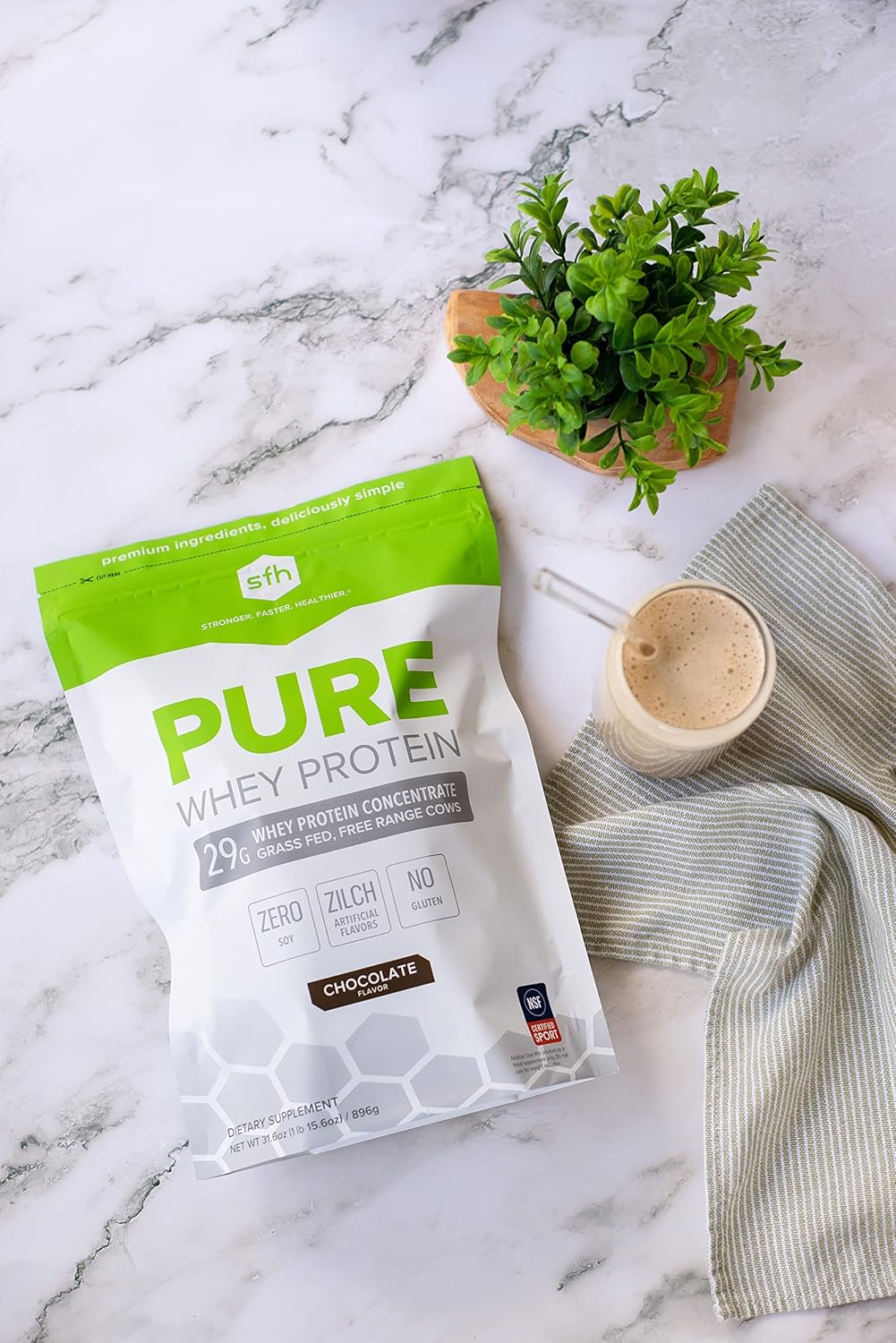 Chocolate SFH Pure Whey Protein Powder - Best Tasting Grass Fed Whey, Non-GMO, All Natural, Soy and Gluten Free - 31.6 Ounce Pack
