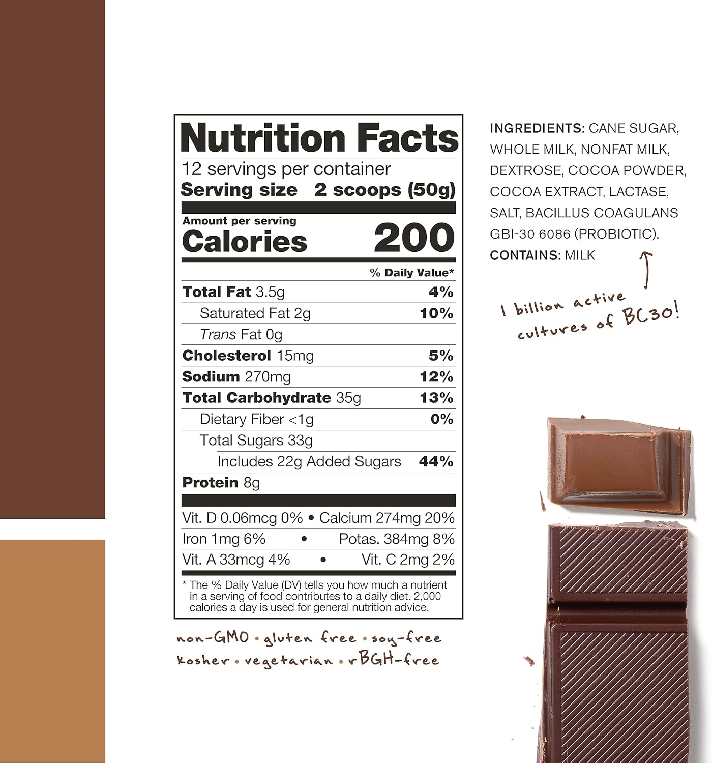 Chocolate Skratch Labs Post Workout Recovery Drink Mix - 21.2 oz, 12 Servings, Complete Milk Protein, Probiotics, Gluten Free, Kosher, Vegetarian