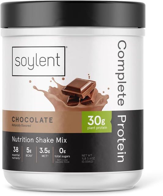 Chocolate Soylent Complete Protein Powder - 30g Shake for Muscle Growth & Recovery, BCAAs, DHA, MCT, 28 Vitamins & Minerals, Zero Sugar, Gluten Free, Vegan - 1.25lb