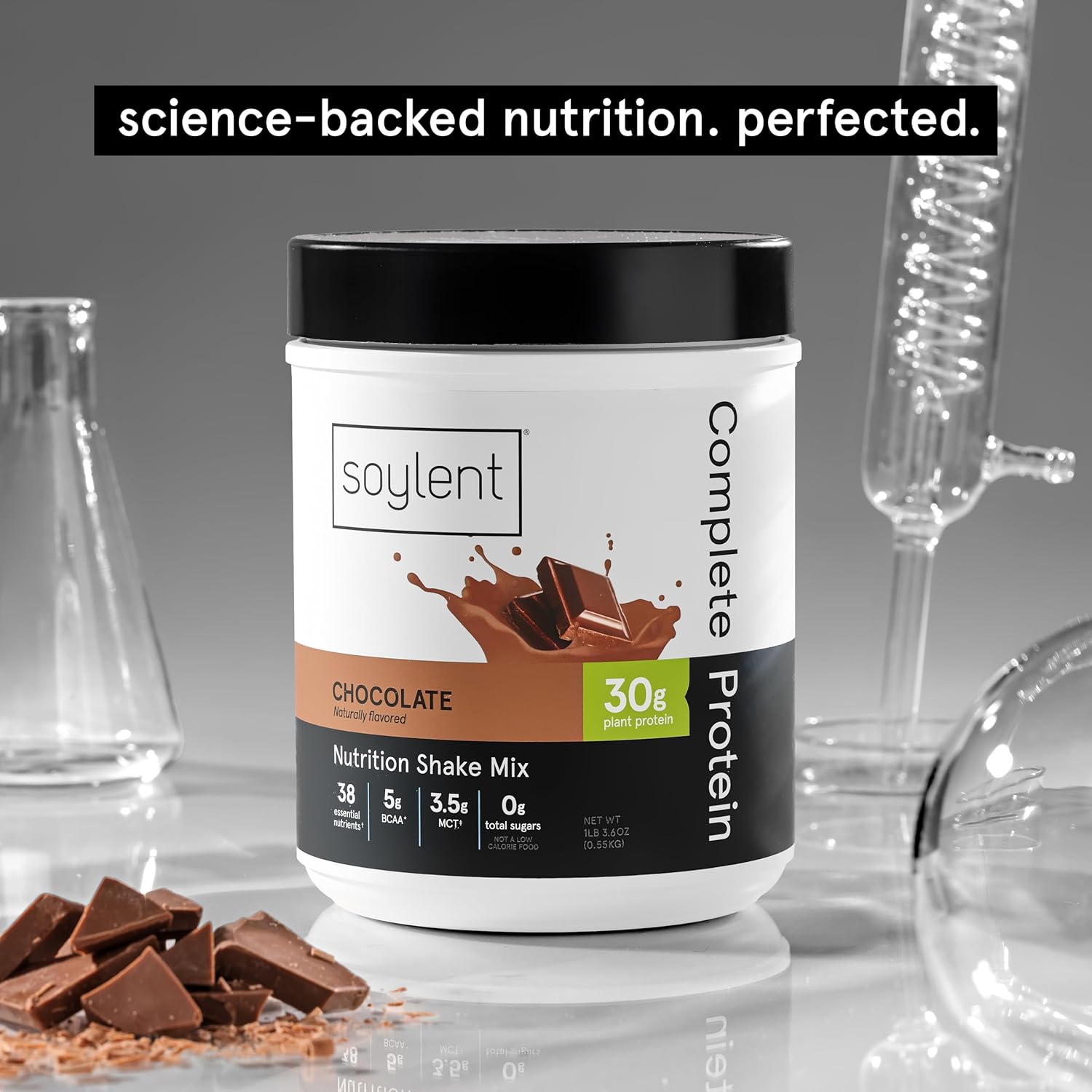 Chocolate Soylent Complete Protein Powder - 30g Shake for Muscle Growth & Recovery, BCAAs, DHA, MCT, 28 Vitamins & Minerals, Zero Sugar, Gluten Free, Vegan - 1.25lb