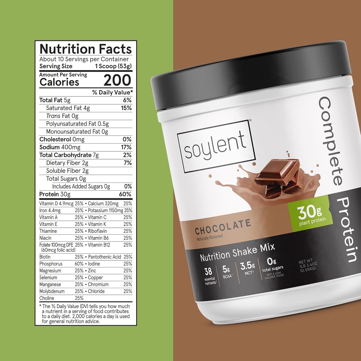Chocolate Soylent Complete Protein Powder - 30g Shake for Muscle Growth & Recovery, BCAAs, DHA, MCT, 28 Vitamins & Minerals, Zero Sugar, Gluten Free, Vegan - 1.25lb