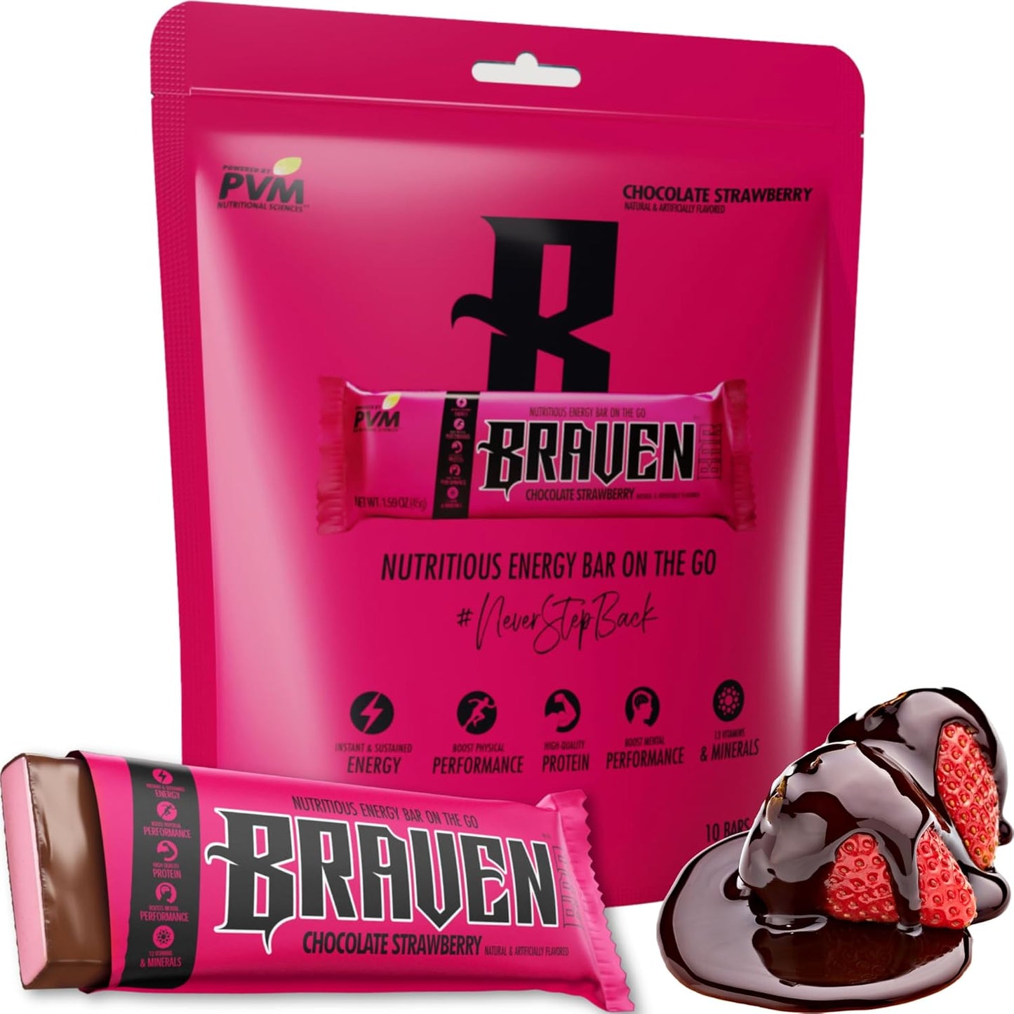 Chocolate Strawberry Energy Bars: Pack of 10 1.59 oz Bars with 5g Protein - Gluten Free On-the-Go Snacks for Running, Hiking, Sports - Sustained Energy Boost
