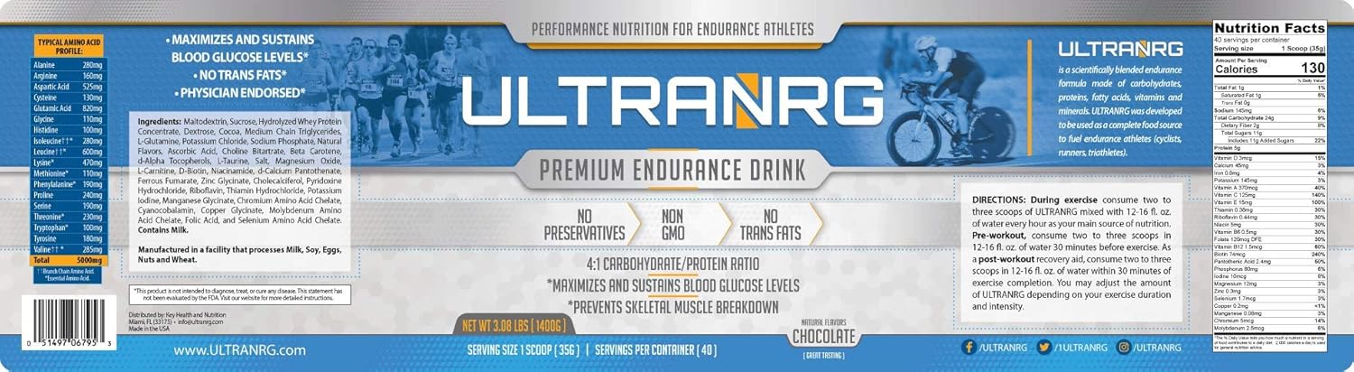 Chocolate ULTRANRG Endurance Drink Mix - 35g, 40 Servings - Liquid Nutrition for Athletes - Regulates Blood Glucose Spikes - Prevents Muscle Breakdown - Non-GMO, No Preservatives, No Trans Fats