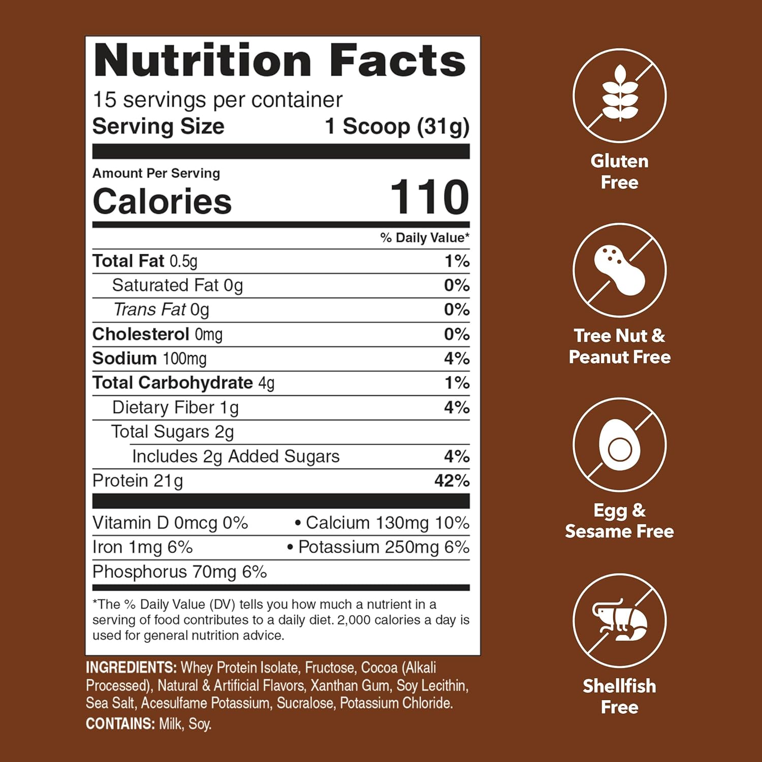 Chocolate Unjury Whey Protein Powder - 21g Whey Isolate, Low Carb, Lactose & Gluten Free - Kosher Certified - 15 Servings