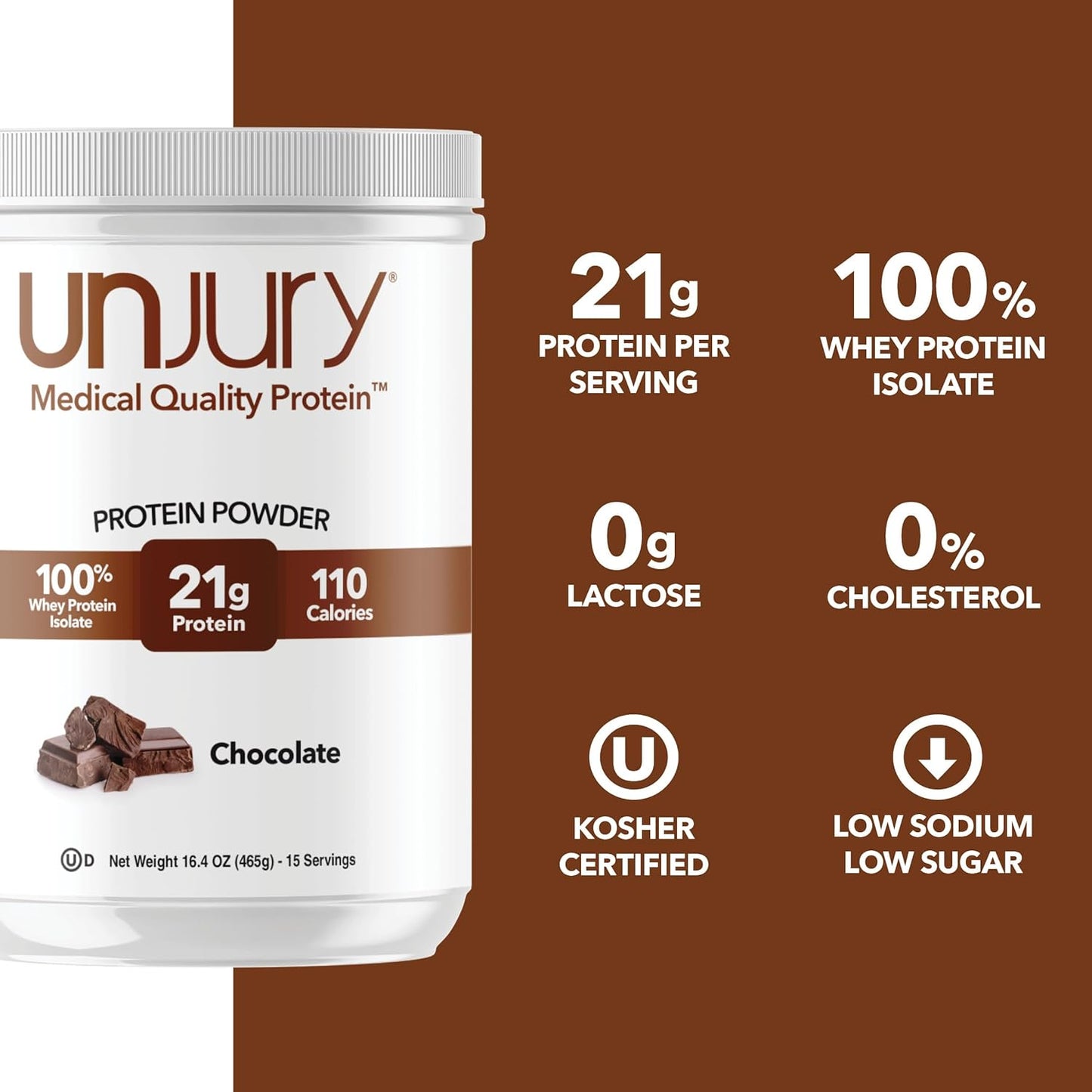 Chocolate Unjury Whey Protein Powder - 21g Whey Isolate, Low Carb, Lactose & Gluten Free - Kosher Certified - 15 Servings